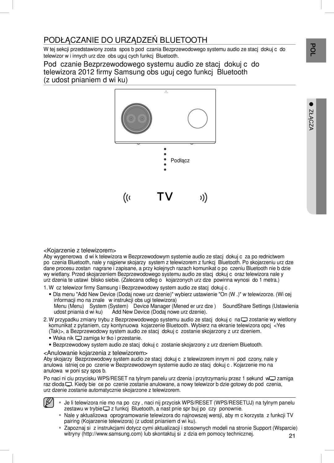 Samsung DA-E751/EN manual PODŁĄcZanie do URZĄDZeŃ BLUeTOOTH, Kojarzenie z telewizorem, Anulowanie kojarzenia z telewizorem 