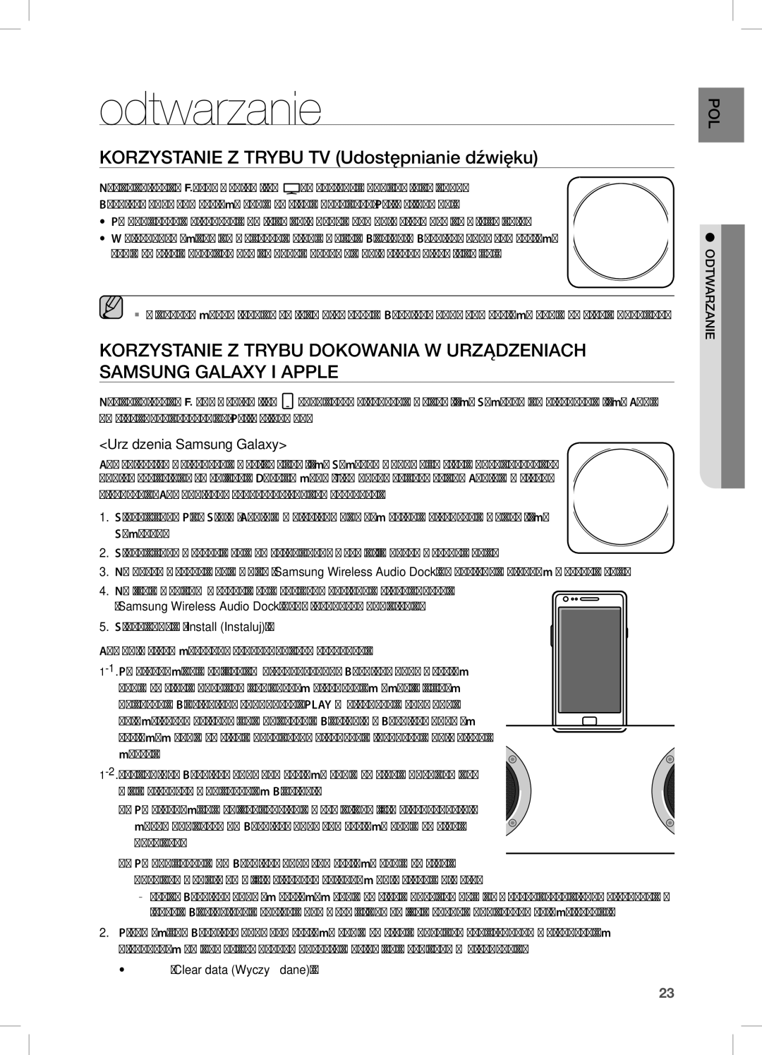 Samsung DA-E750/XE, DA-E750/EN manual Odtwarzanie, KORZYSTanie Z Trybu TV Udostępnianie dźwięku, Urządzenia Samsung Galaxy 