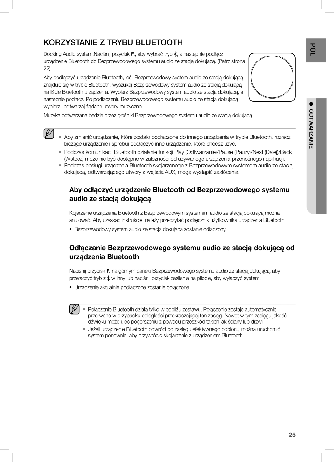 Samsung DA-E751/EN manual Korzystanie Z Trybu Bluetooth, Urządzenie aktualnie podłączone zostanie odłączone, Dtwarzanie 