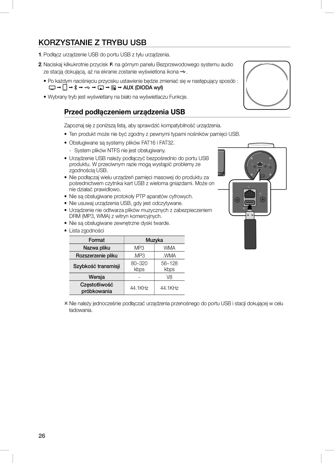 Samsung DA-E751/XE, DA-E750/EN, DA-E751/EN, DA-E750/XE manual KORZYSTanie Z Trybu USB, Przed podłączeniem urządzenia USB, Kbps 