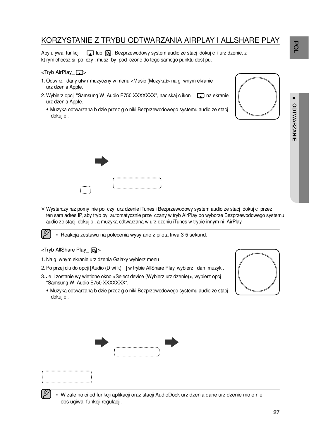 Samsung DA-E750/XE, DA-E750/EN, DA-E751/EN, DA-E751/XE KORZYSTanie Z Trybu ODTWaRZania aiRPLaY i aLLSHaRe PLaY, Odtwarzanie 