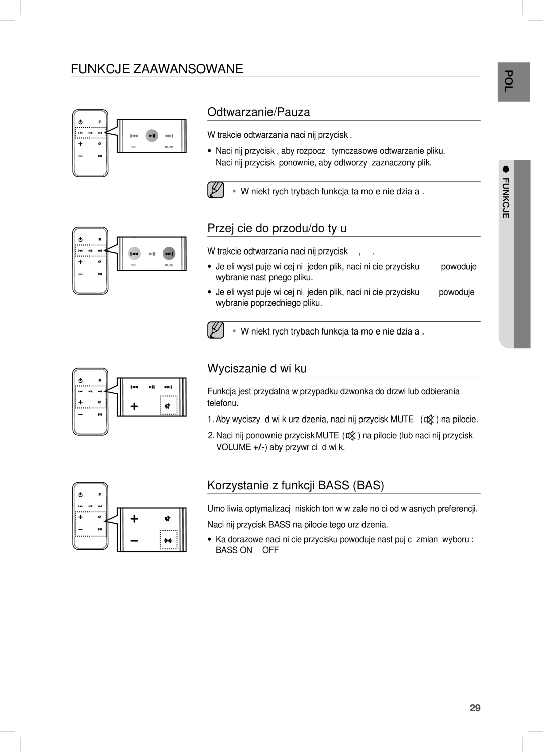 Samsung DA-E751/EN, DA-E750/EN Funkcje Zaawansowane, Odtwarzanie/Pauza, Przejście do przodu/do tyłu, Wyciszanie dźwięku 