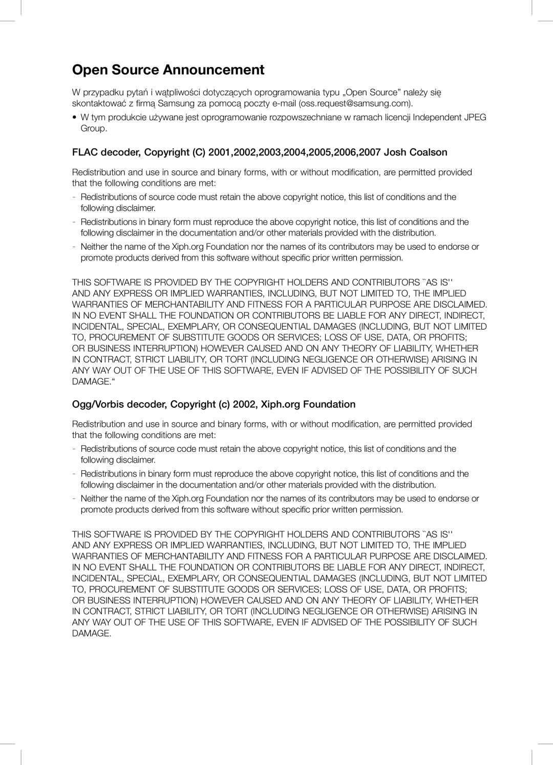 Samsung DA-E751/EN, DA-E750/EN, DA-E751/XE, DA-E750/XE manual Open Source Announcement 