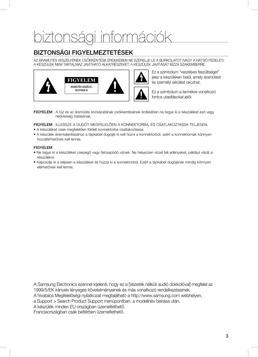 Samsung DA-E751/EN, DA-E750/EN, DA-E751/XE Biztonsági információk, Biztonsági Figyelmeztetések, Fontos utasításokat jelöl 