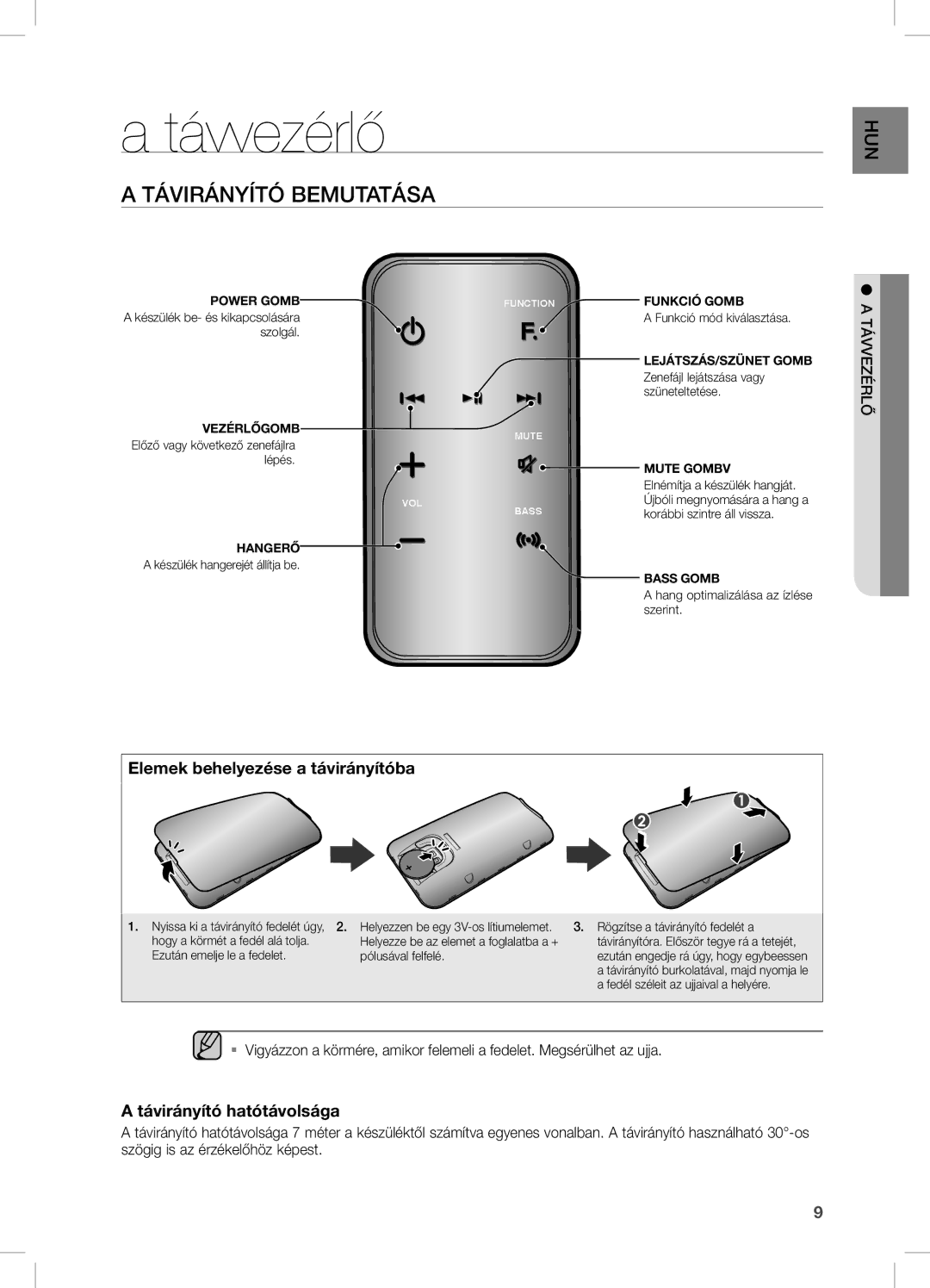 Samsung DA-E750/XE manual Távvezérlő, Távirányító Bemutatása, Elemek behelyezése a távirányítóba, Távirányító hatótávolsága 