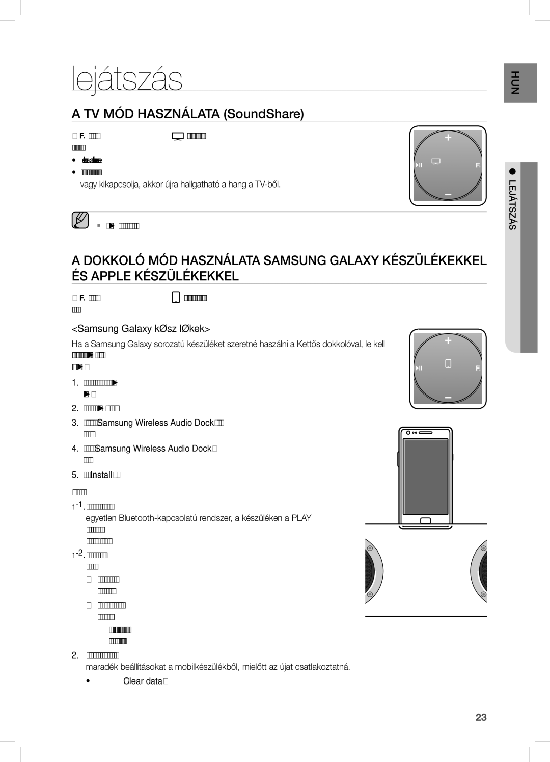 Samsung DA-E751/EN, DA-E750/EN, DA-E751/XE Lejátszás, TV MÓD HASZnÁLATA SoundShare, Samsung Galaxy készülékek, Clear data 