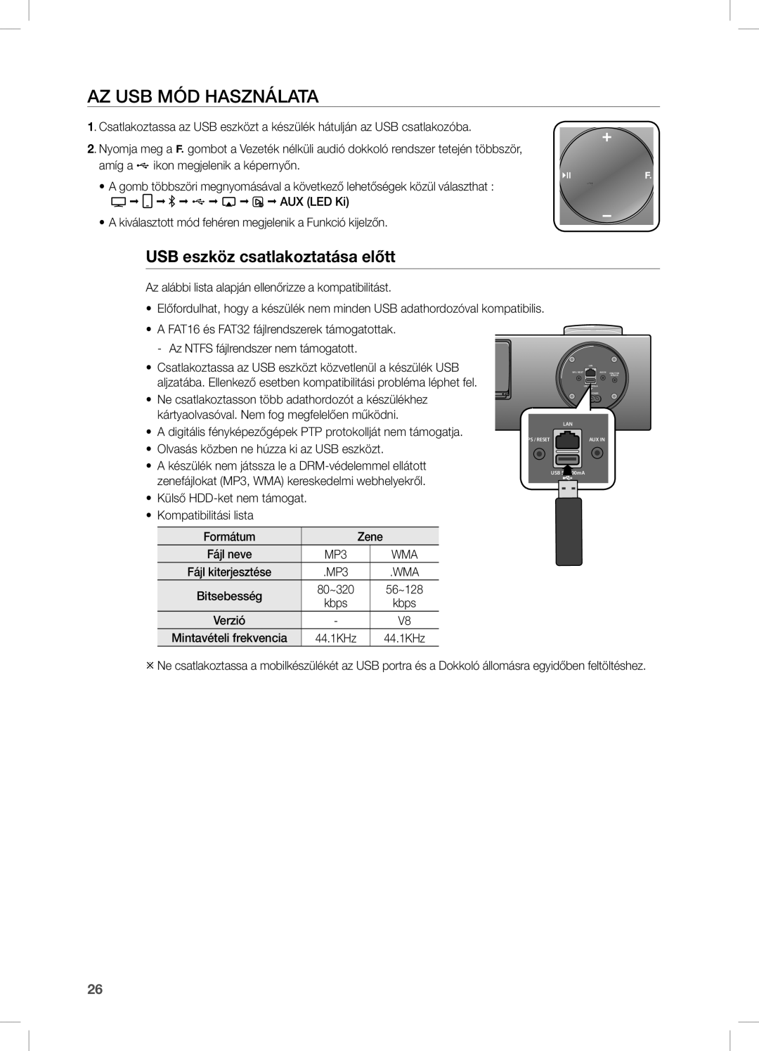 Samsung DA-E750/EN, DA-E751/EN, DA-E751/XE, DA-E750/XE manual AZ USB MÓD HASZnÁLATA, USB eszköz csatlakoztatása előtt 