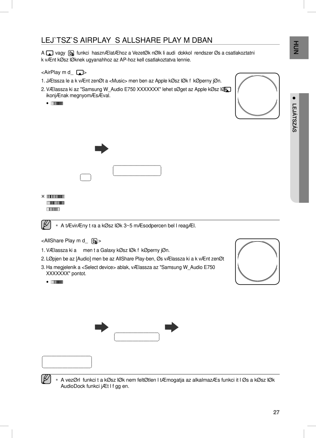 Samsung DA-E751/EN, DA-E750/EN, DA-E751/XE, DA-E750/XE manual LeJÁTSZÁS AiRPLAY ÉS ALLSHARe Play MÓDBAn 