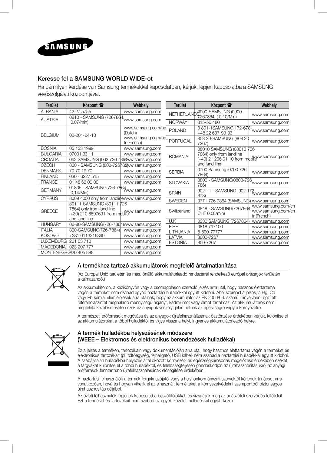 Samsung DA-E750/EN, DA-E751/EN, DA-E751/XE, DA-E750/XE manual Termékhez tartozó akkumulátorok megfelelő ártalmatlanítása 