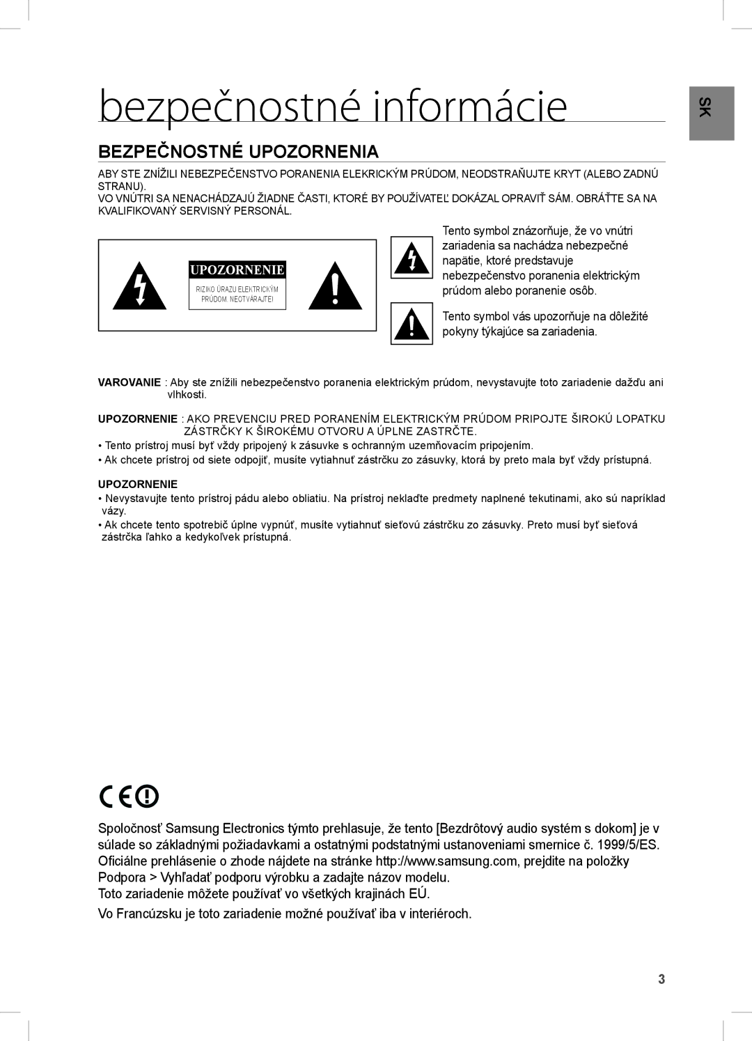 Samsung DA-E750/XE, DA-E750/EN, DA-E751/EN, DA-E751/XE manual Bezpečnostné informácie, Bezpečnostné Upozornenia 