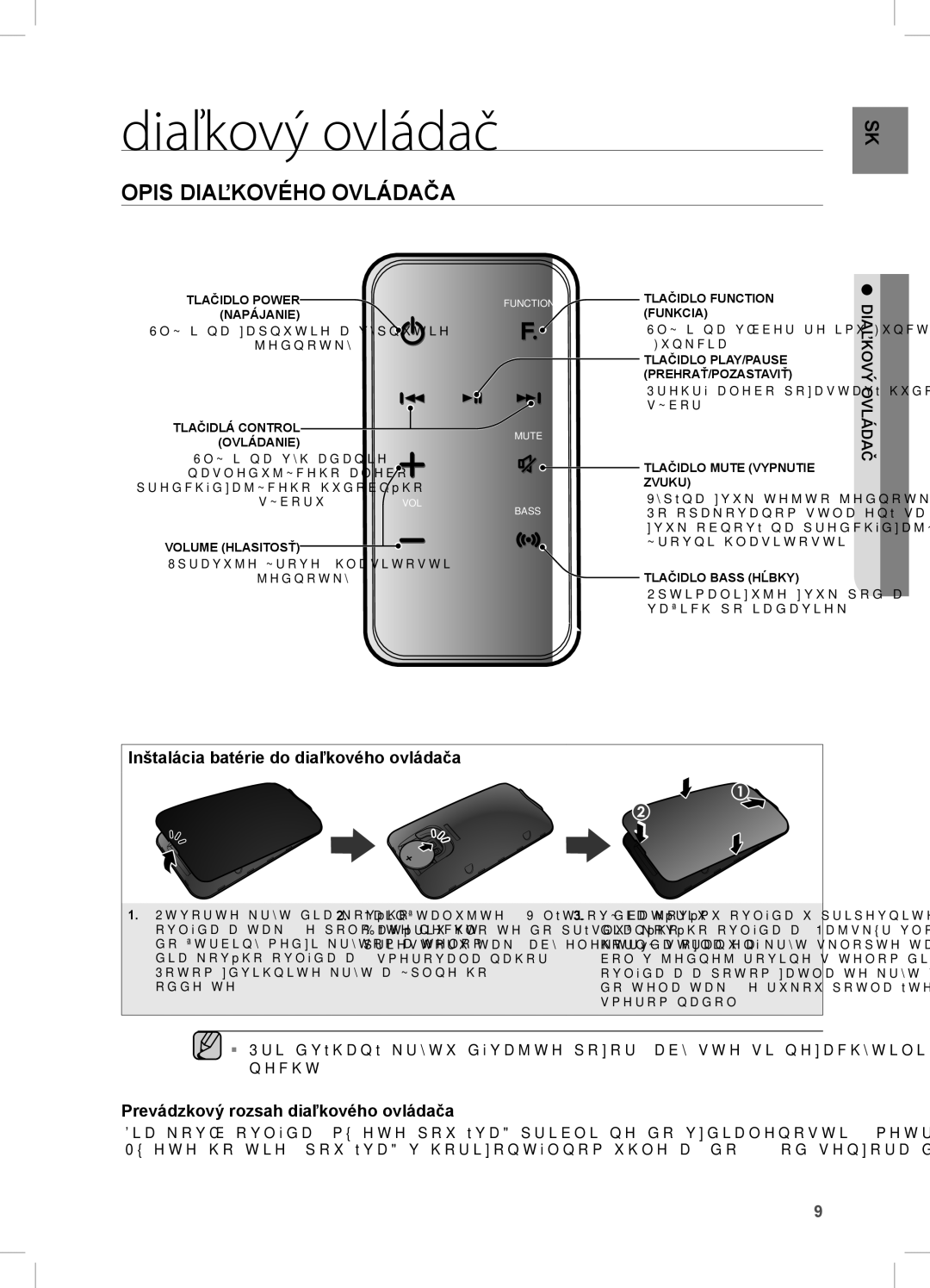 Samsung DA-E751/EN, DA-E750/EN manual Diaľkový ovládač, Opis Diaľkového Ovládača, Inštalácia batérie do diaľkového ovládača 