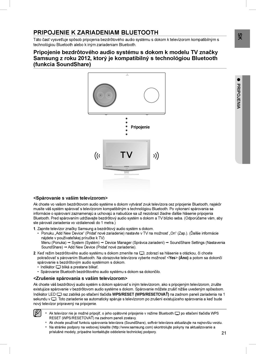 Samsung DA-E751/EN, DA-E750/EN, DA-E751/XE, DA-E750/XE Pripojenie K Zariadeniam Bluetooth, Spárovanie s vaším televízorom 