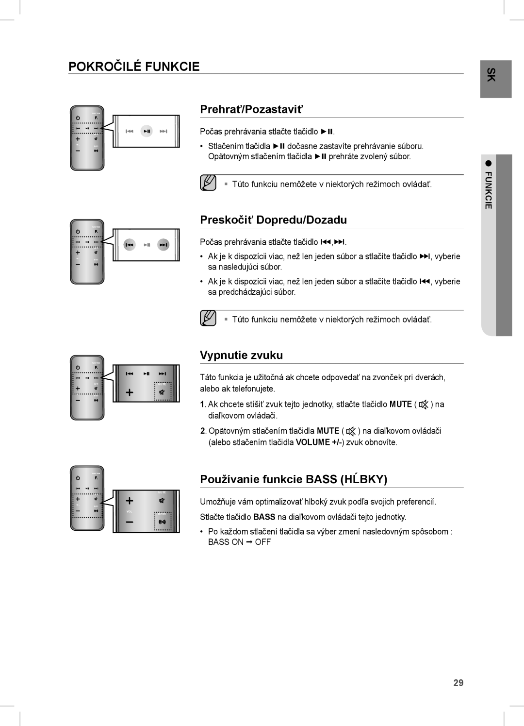 Samsung DA-E751/EN, DA-E750/EN, DA-E751/XE Pokročilé Funkcie, Prehrať/Pozastaviť, Preskočiť Dopredu/Dozadu, Vypnutie zvuku 