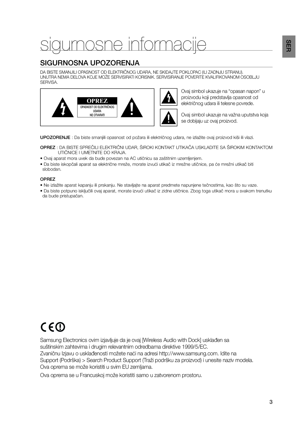 Samsung DA-E751/EN, DA-E750/EN manual Sigurnosne informacije, Sigurnosna Upozorenja, Električnog udara ili telesne povrede 