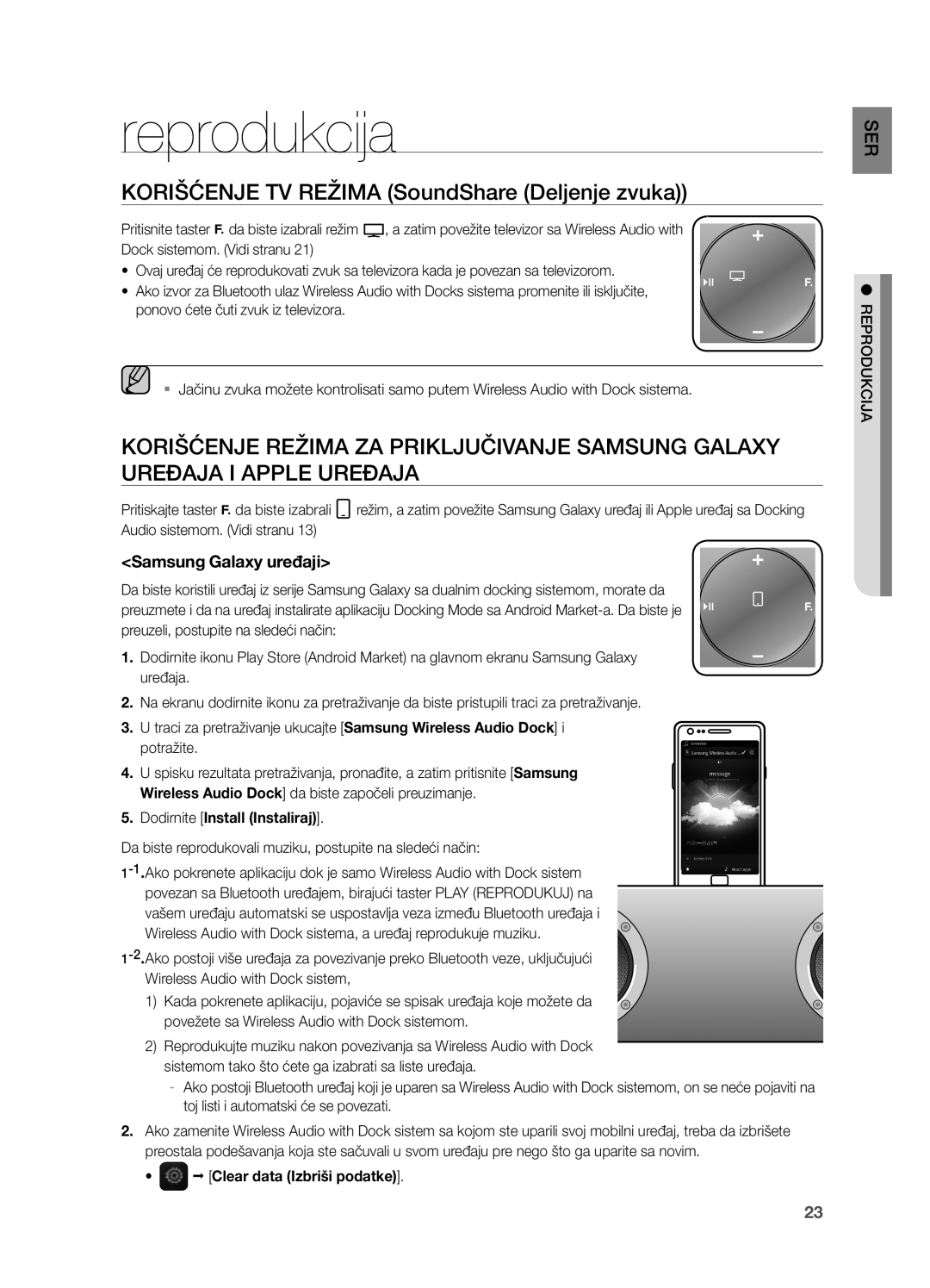 Samsung DA-E751/EN, DA-E750/EN manual Reprodukcija, KORiŠĆenJe TV ReŽiMa SoundShare Deljenje zvuka, Samsung Galaxy uređaji 