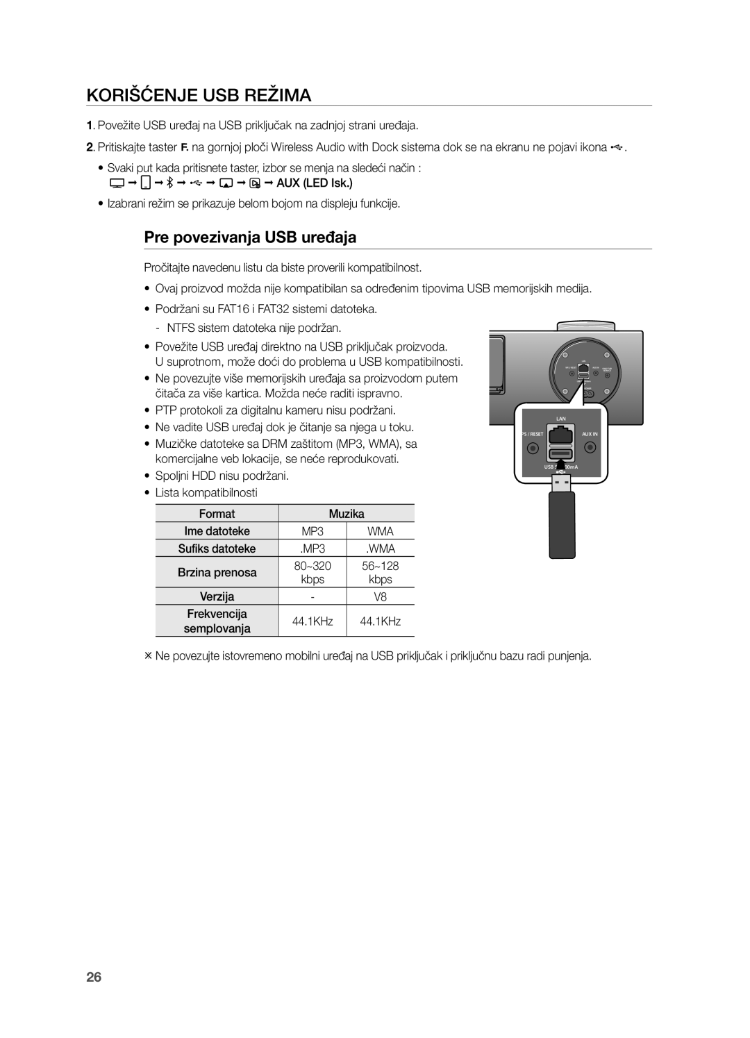 Samsung DA-E750/EN, DA-E751/EN manual KORiŠĆenJe USB ReŽiMa, Pre povezivanja USB uređaja 