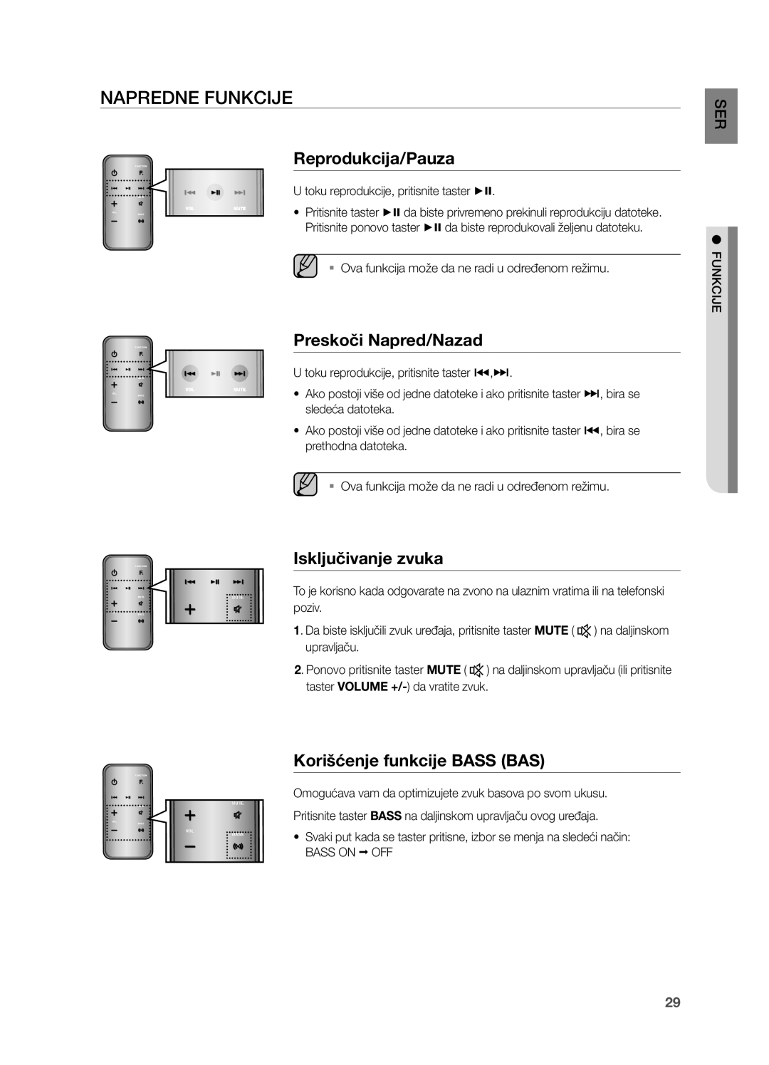 Samsung DA-E751/EN, DA-E750/EN Napredne Funkcije, Korišćenje funkcije Bass BAS, Upravljaču Ponovo pritisnite taster Mute 