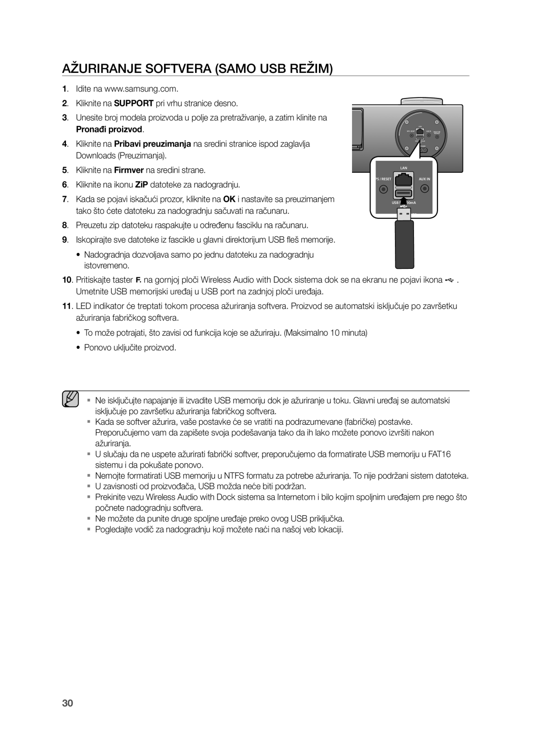 Samsung DA-E750/EN, DA-E751/EN manual AŽURiRanJe SOFTVeRa SaMO USB ReŽiM 