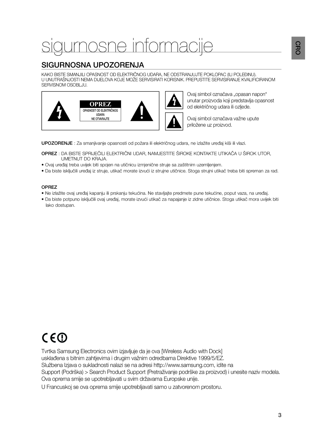 Samsung DA-E751/EN, DA-E750/EN Od električnog udara ili ozljede, Ovaj simbol označava važne upute, Priložene uz proizvod 