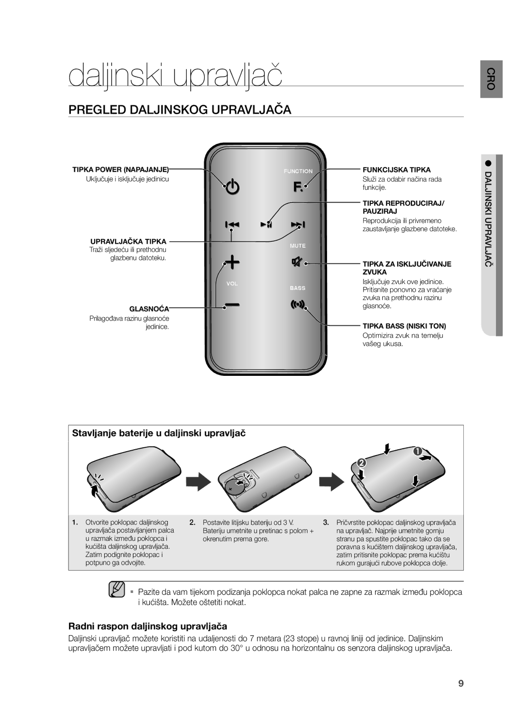 Samsung DA-E751/EN, DA-E750/EN Pregled Daljinskog Upravljača, Stavljanje baterije u daljinski upravljač, ACRO iuprskinljad 