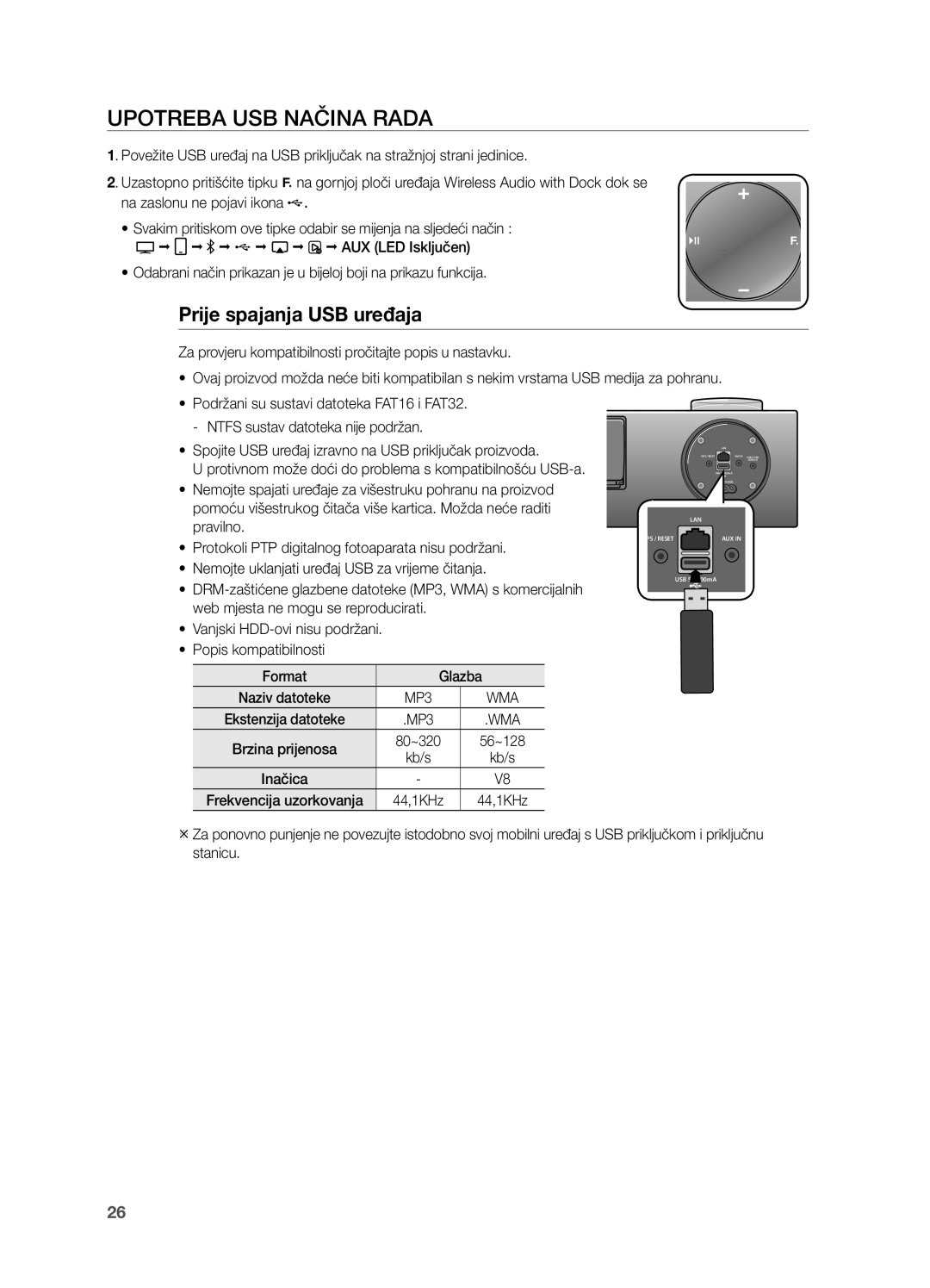 Samsung DA-E750/EN, DA-E751/EN manual UPOTReBa USB naČina RaDa, Prije spajanja USB uređaja, Kb/s 