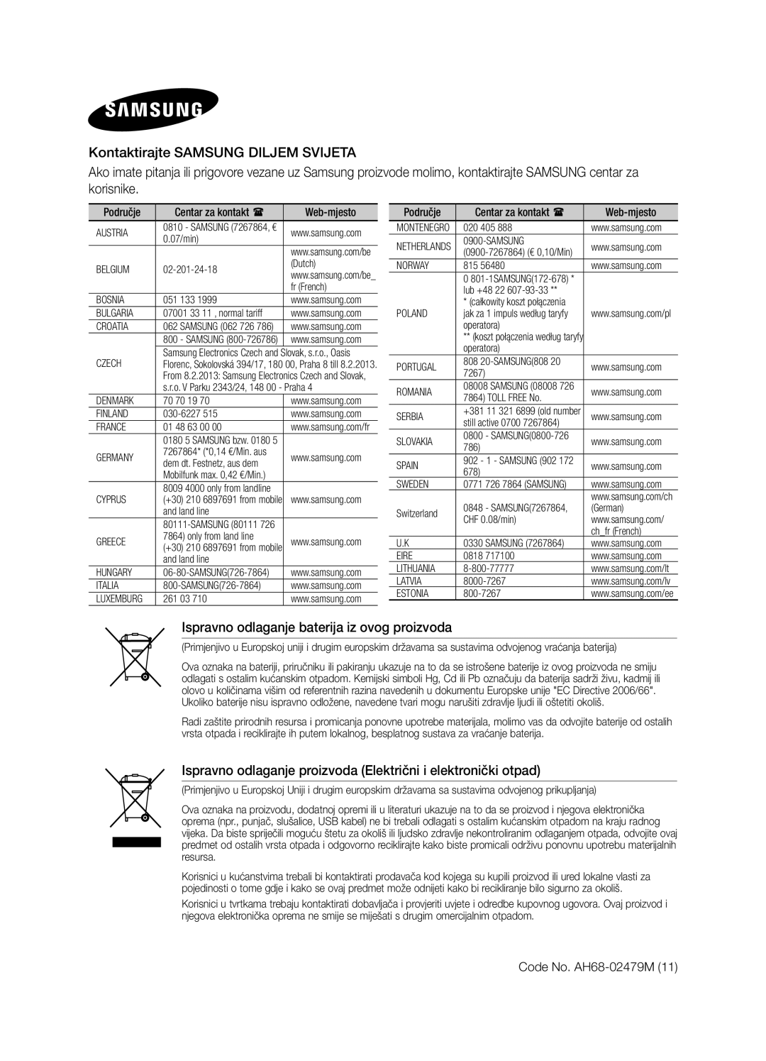 Samsung DA-E750/EN, DA-E751/EN manual Code No. AH68-02479M, Područje Centar za kontakt  Web-mjesto 