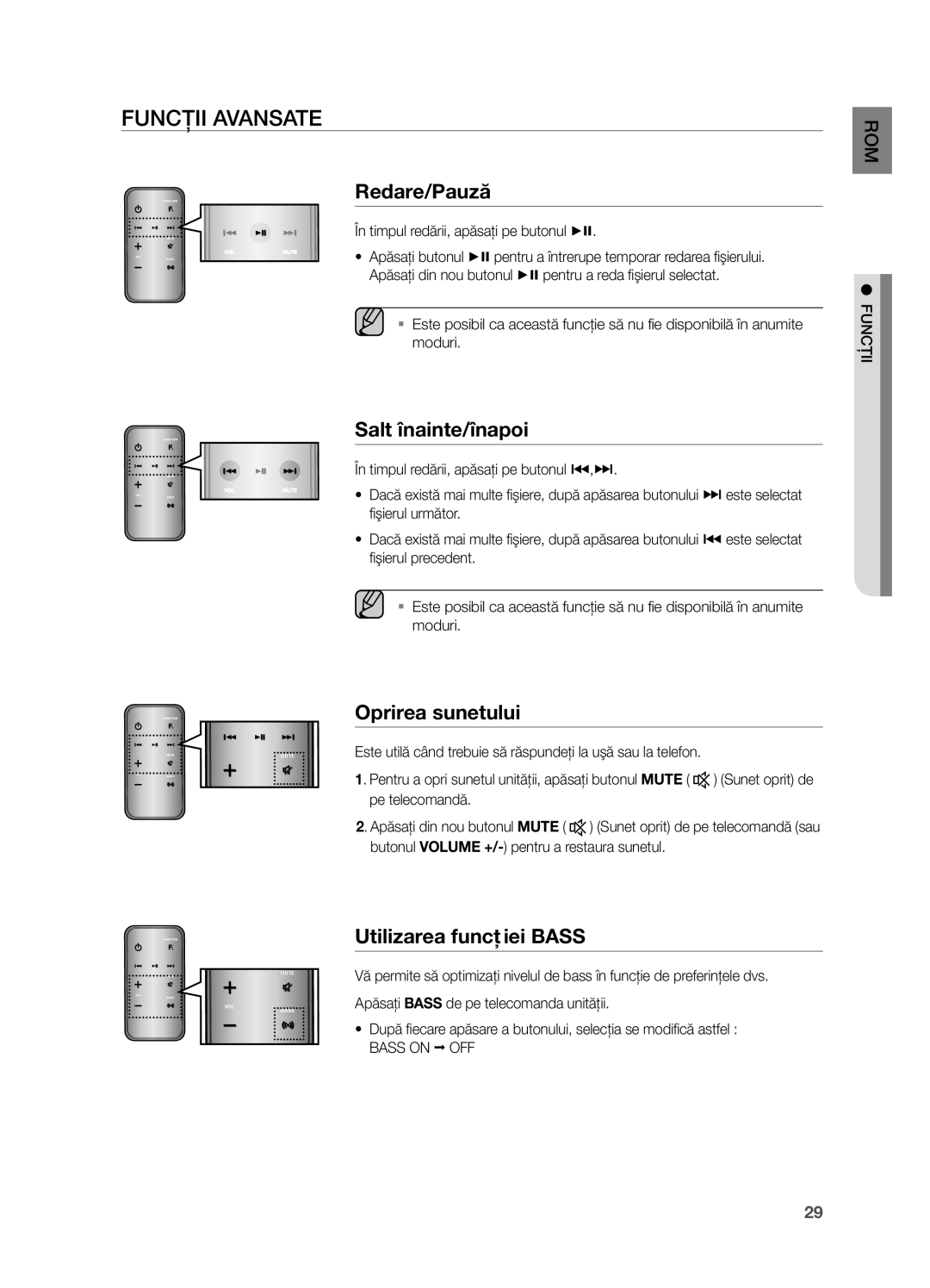 Samsung DA-E751/EN, DA-E750/EN manual Funcţii Avansate, Salt înainte/înapoi, Oprirea sunetului, Utilizarea funcţiei Bass 