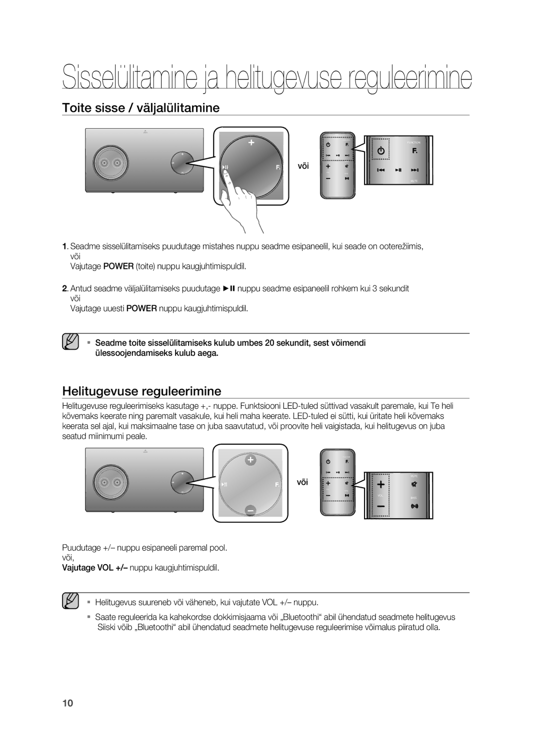 Samsung DA-E750/EN manual Toite sisse / väljalülitamine, Helitugevuse reguleerimine 