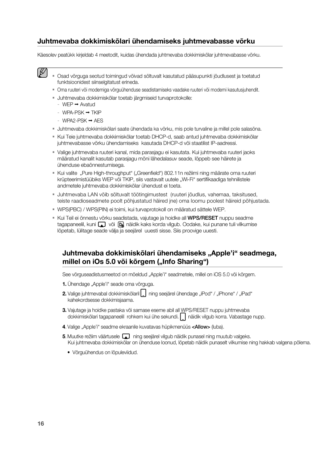 Samsung DA-E750/EN manual Juhtmevaba dokkimiskõlari ühendamiseks juhtmevabasse võrku, WPA-PSK Tkip WPA2-PSK AES 