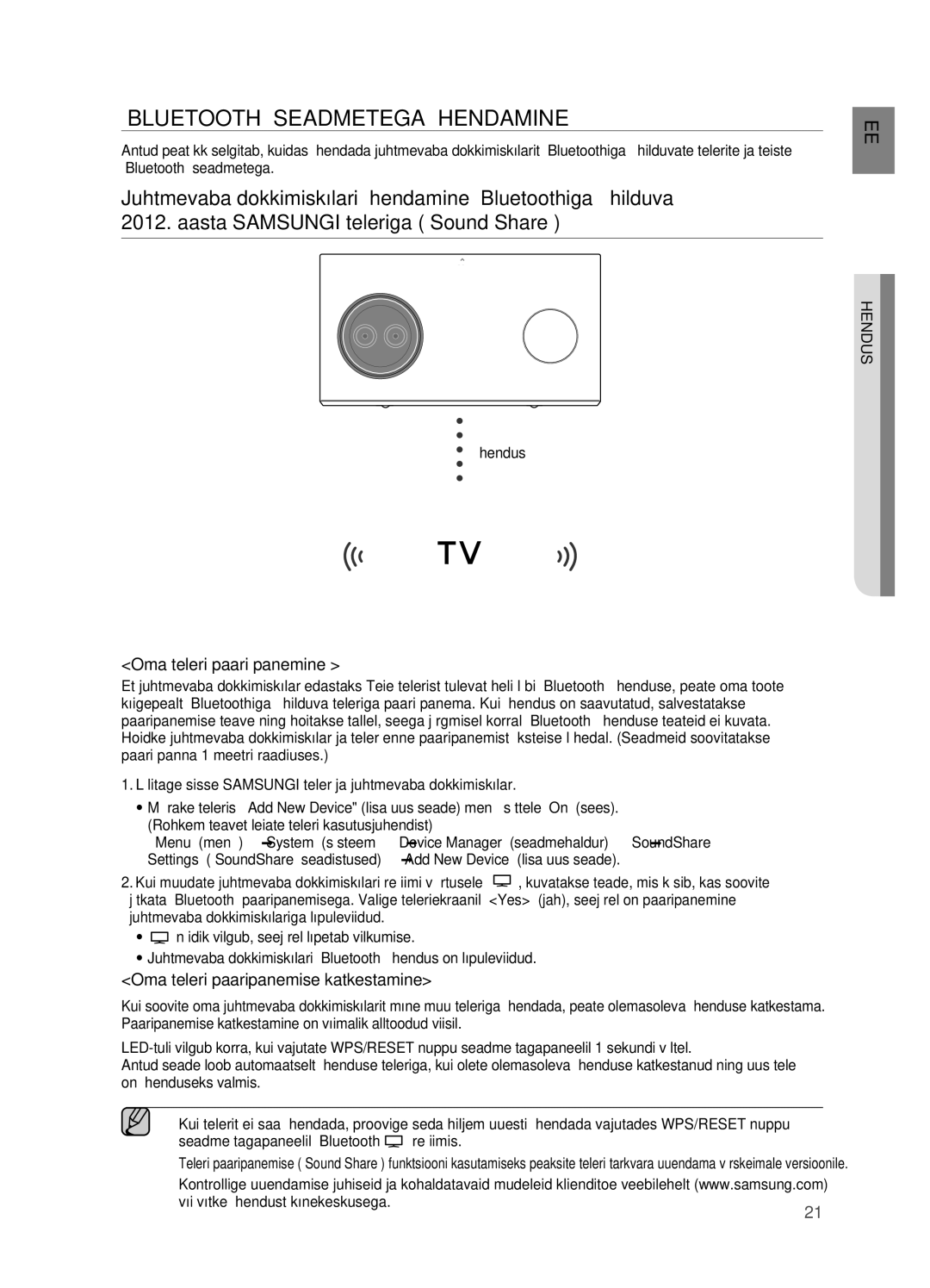 Samsung DA-E750/EN „BLUETOOTH Seadmetega Ühendamine, Oma teleri paari panemine, Oma teleri paaripanemise katkestamine 