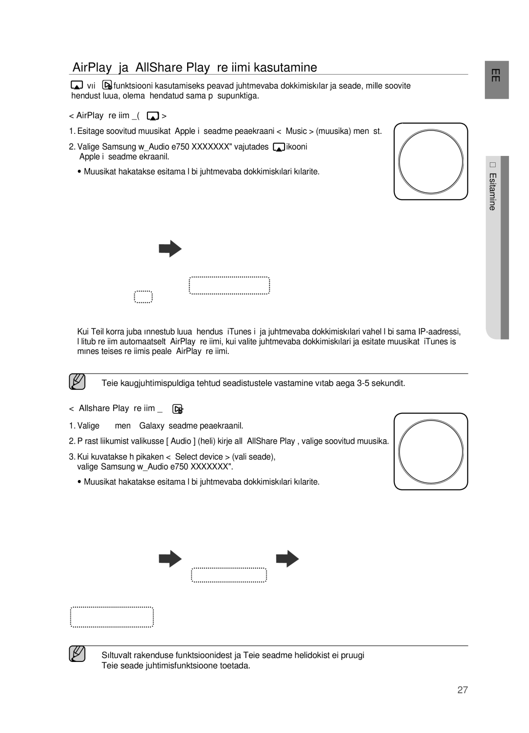 Samsung DA-E750/EN manual „AirPlay ja „AllShare Play režiimi kasutamine 