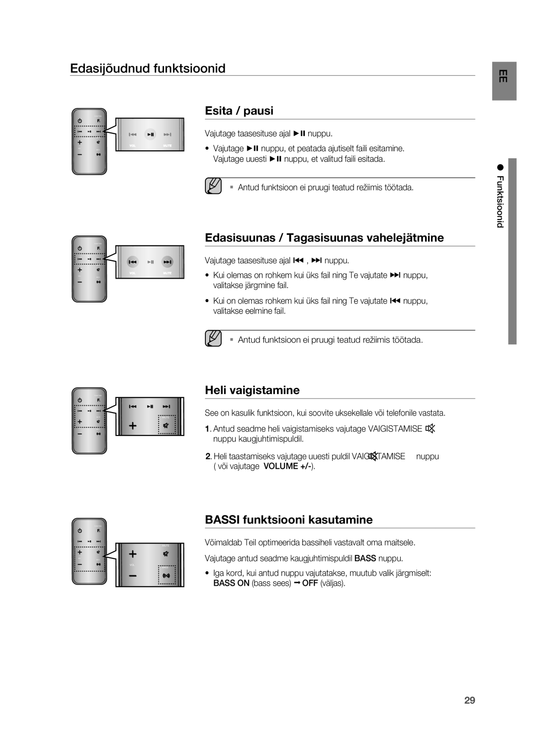 Samsung DA-E750/EN manual Edasijõudnud funktsioonid, Bassi funktsiooni kasutamine 