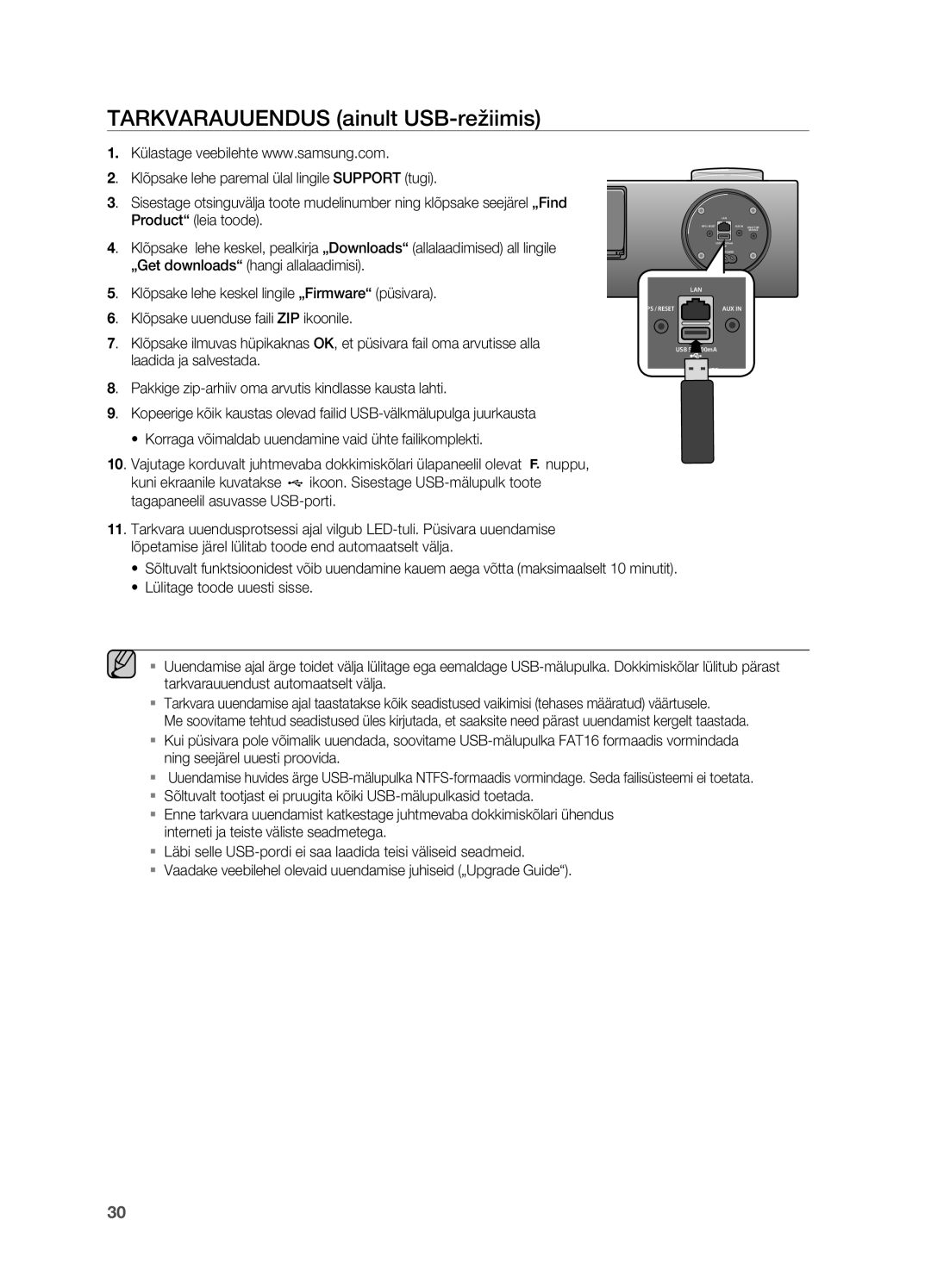 Samsung DA-E750/EN manual Tarkvarauuendus ainult USB-režiimis 