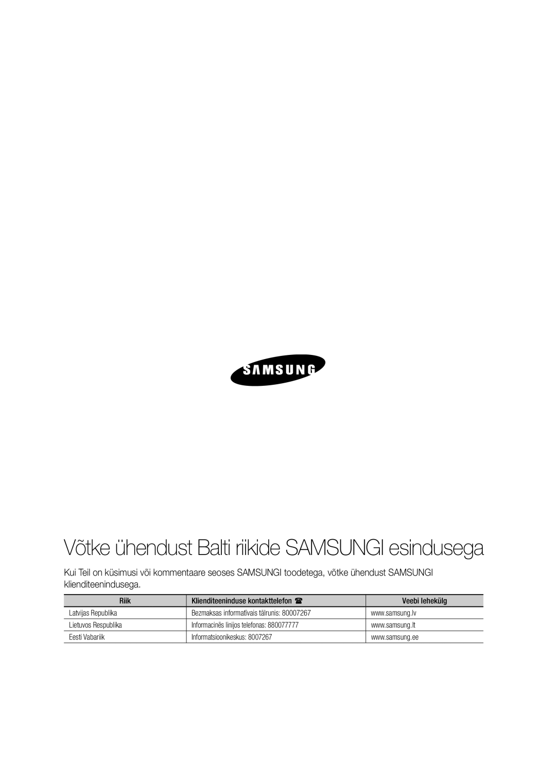 Samsung DA-E750/EN manual Võtke ühendust Balti riikide Samsungi esindusega 