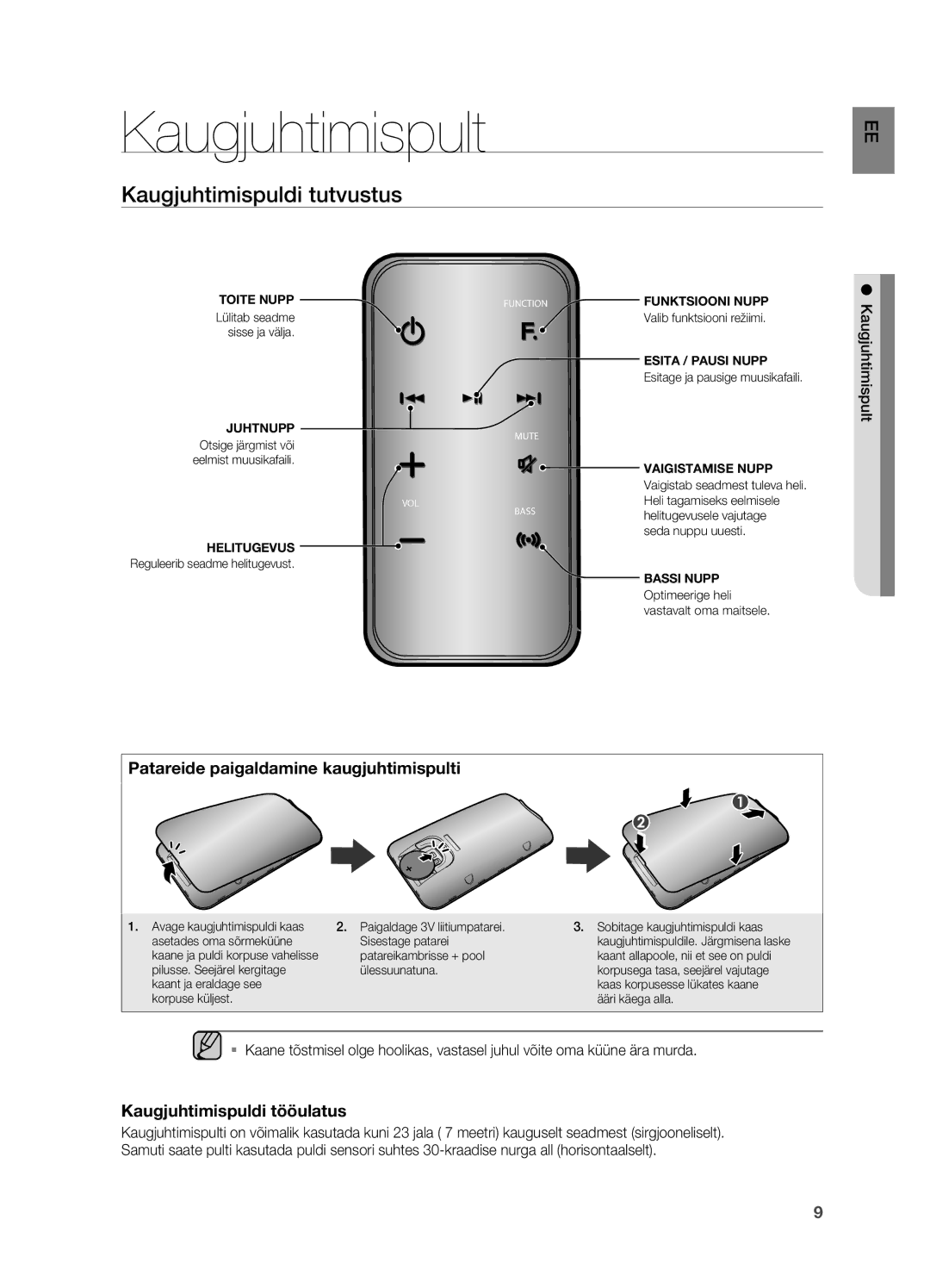 Samsung DA-E750/EN manual Kaugjuhtimispult, Kaugjuhtimispuldi tutvustus, Patareide paigaldamine kaugjuhtimispulti 