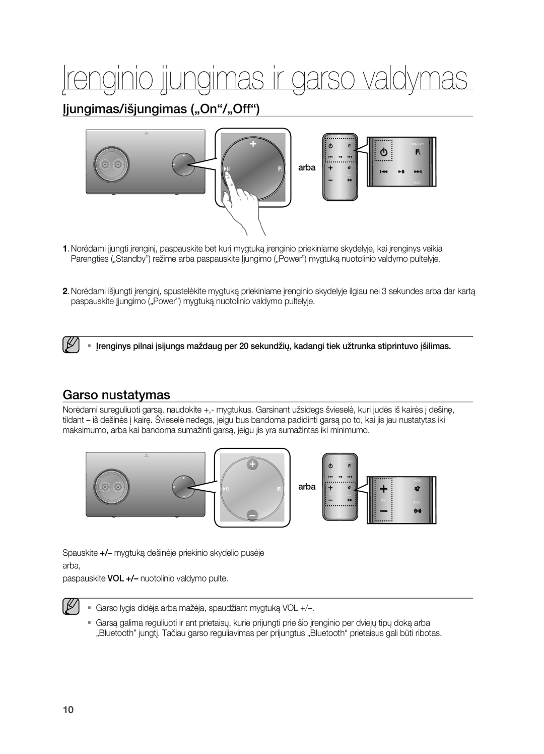 Samsung DA-E750/EN manual Įjungimas/išjungimas „On/„Off, Garso nustatymas, Arba 