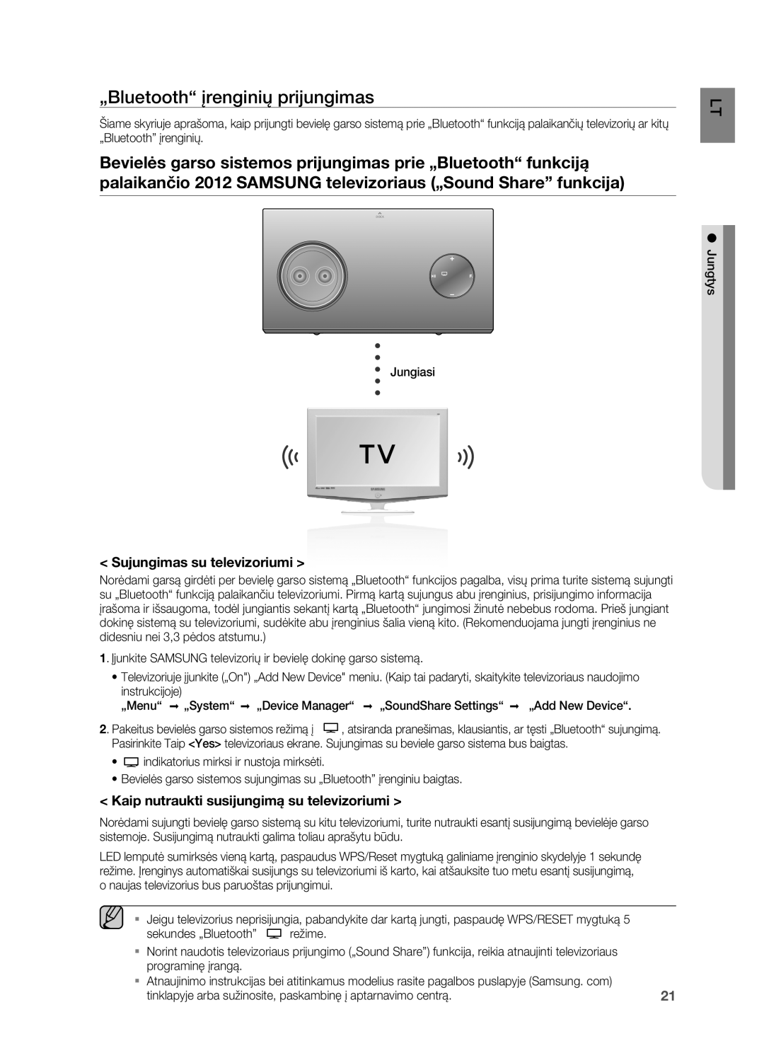 Samsung DA-E750/EN manual „Bluetooth įrenginių prijungimas, Sujungimas su televizoriumi, Jungiasi 