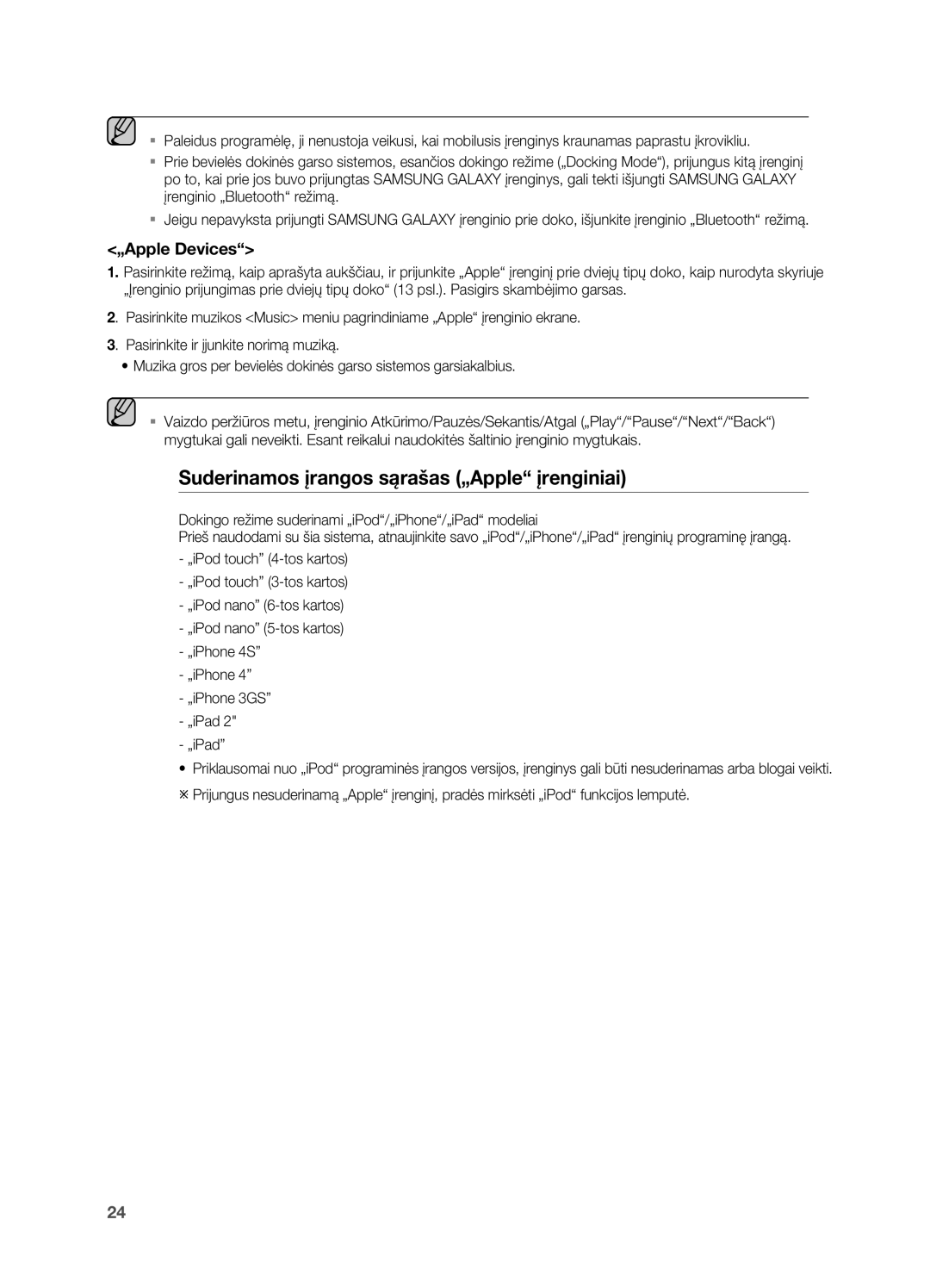 Samsung DA-E750/EN manual Suderinamos įrangos sąrašas „Apple įrenginiai, „Apple Devices 