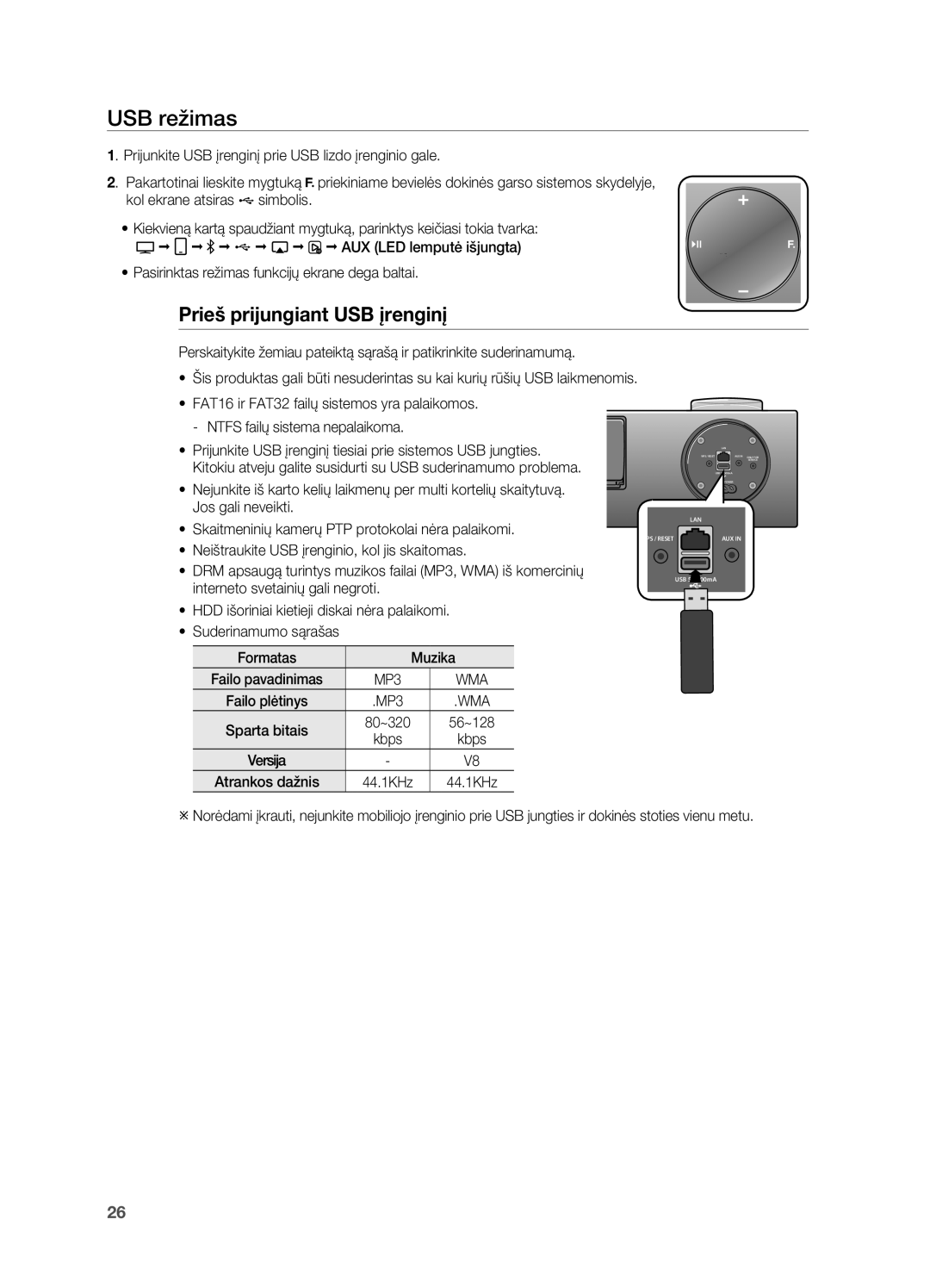 Samsung DA-E750/EN manual USB režimas, Prieš prijungiant USB įrenginį, Kbps 