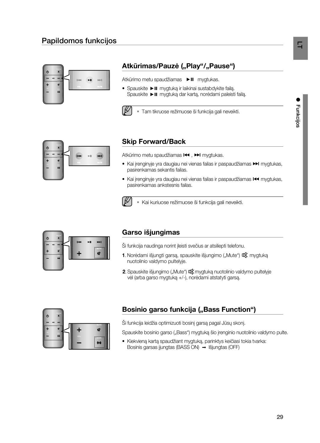 Samsung DA-E750/EN manual Papildomos funkcijos, Garso išjungimas, Bosinio garso funkcija „Bass Function, Mygtuką 