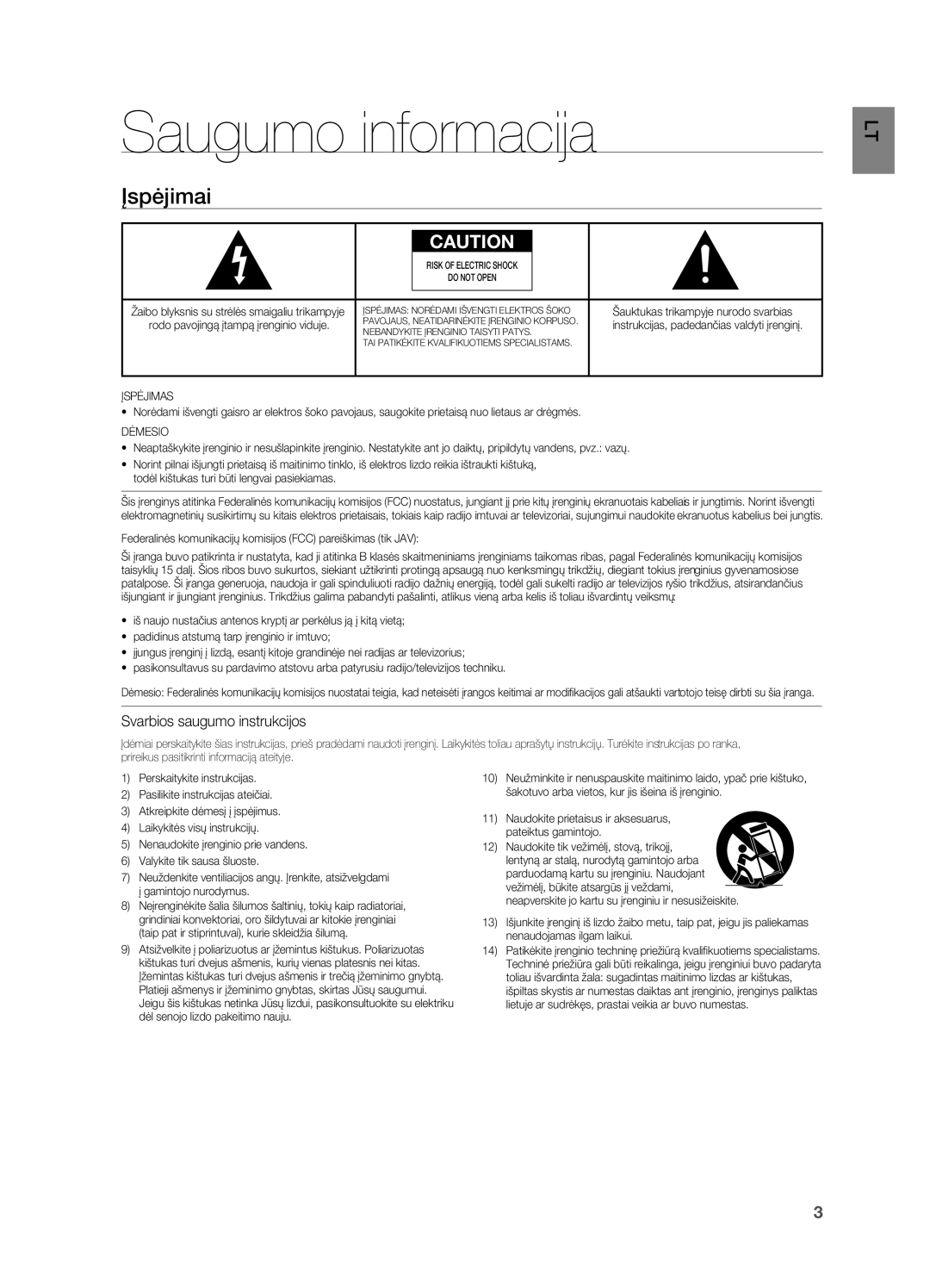 Samsung DA-E750/EN manual Saugumo informacija, Įspėjimai, Svarbios saugumo instrukcijos 