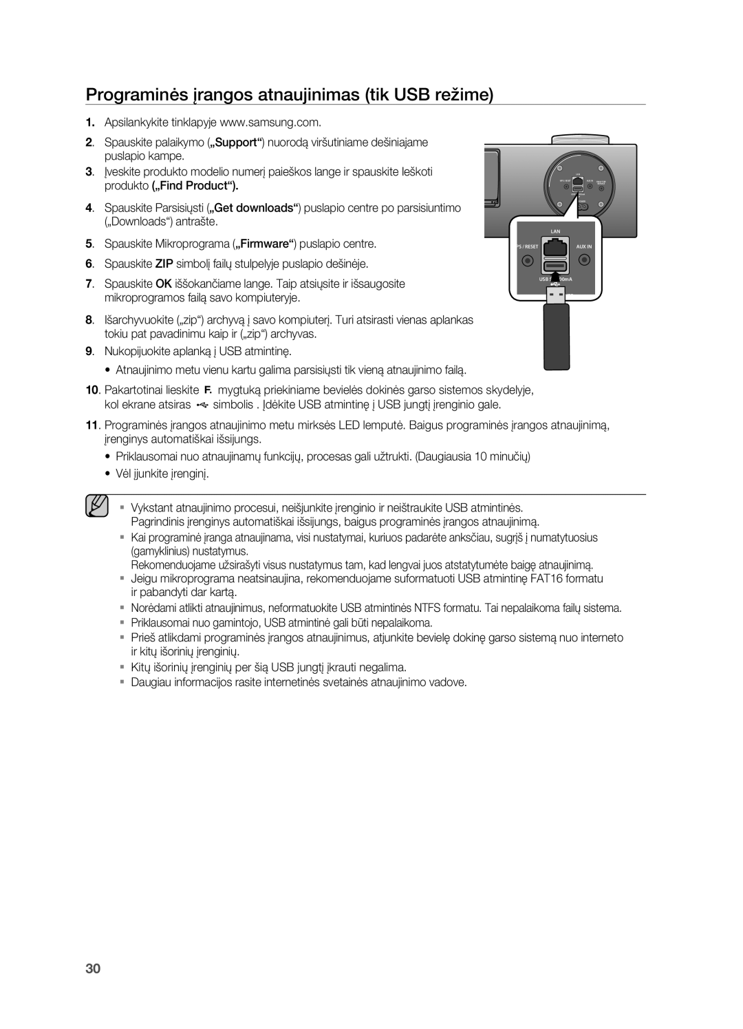 Samsung DA-E750/EN manual Programinės įrangos atnaujinimas tik USB režime 