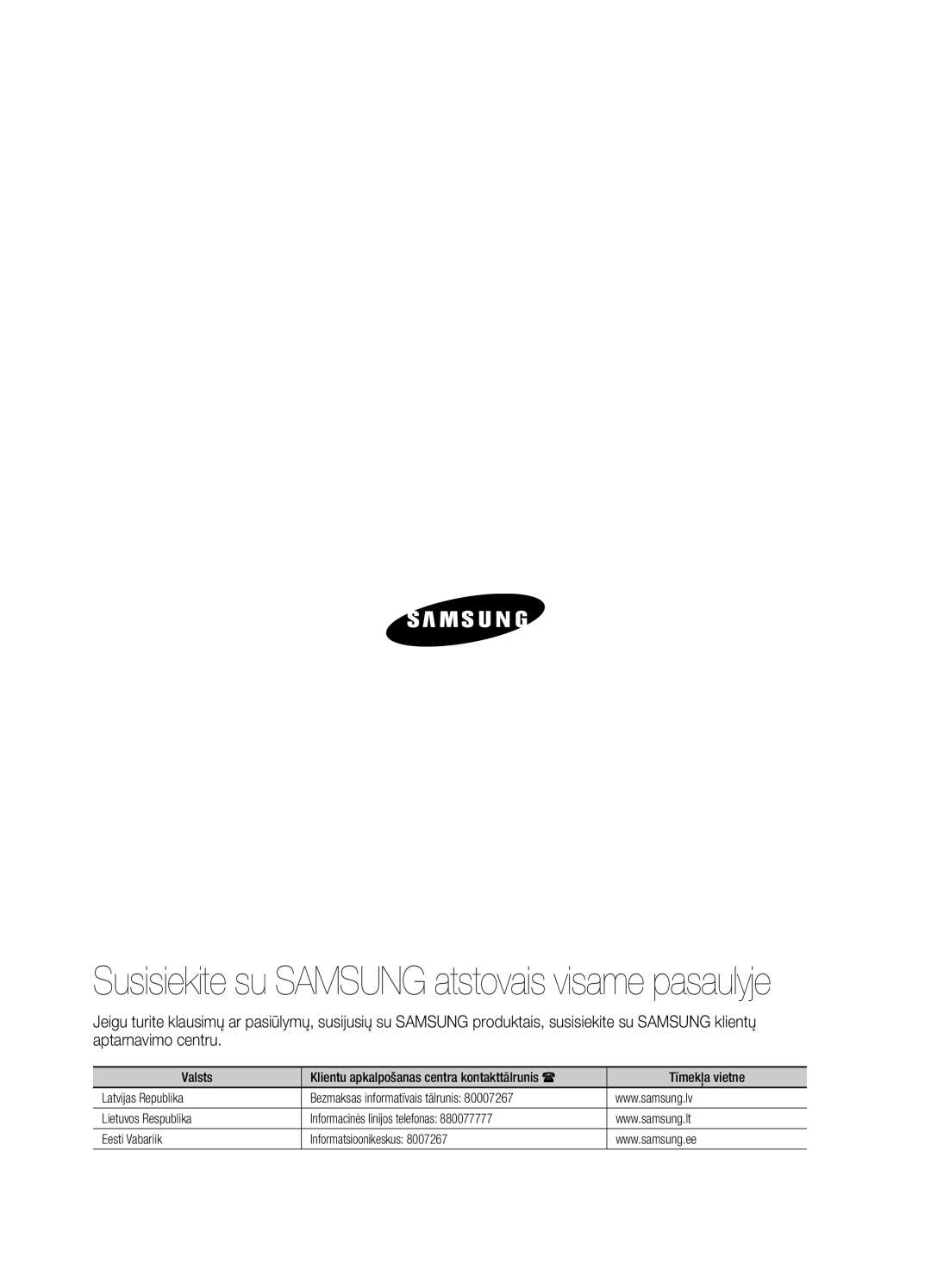 Samsung DA-E750/EN manual Susisiekite su Samsung atstovais visame pasaulyje 