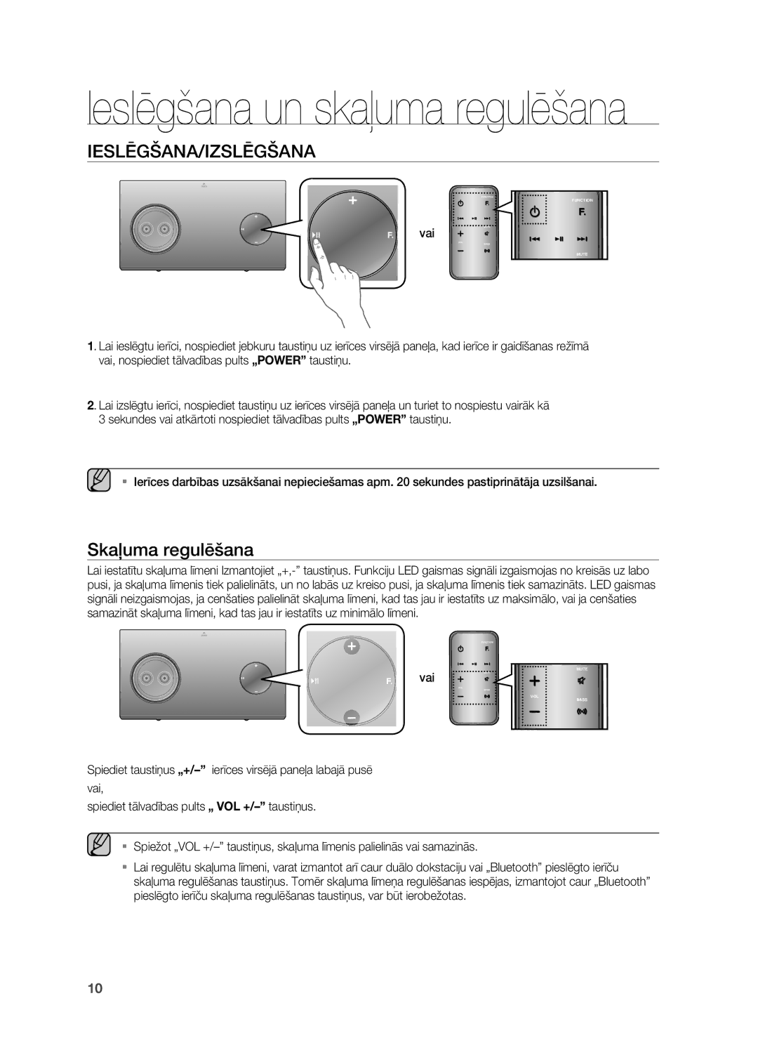 Samsung DA-E750/EN manual Ieslēgšana/Izslēgšana, Skaļuma regulēšana 