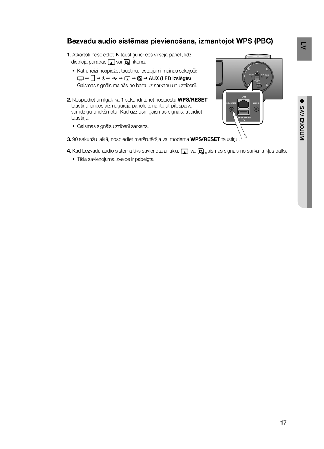 Samsung DA-E750/EN manual Bezvadu audio sistēmas pievienošana, izmantojot WPS PBC, AUX LED izslēgts 