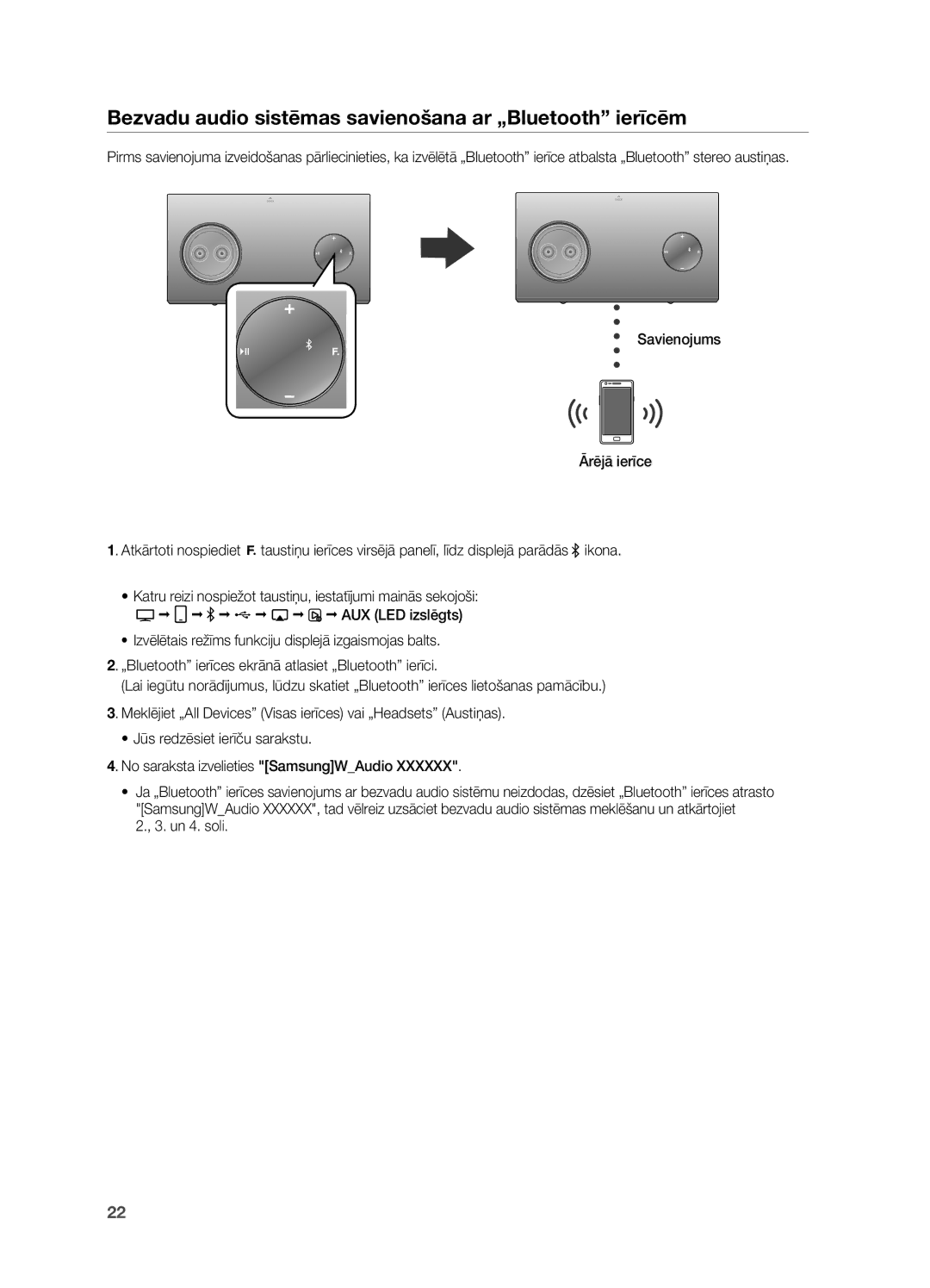 Samsung DA-E750/EN manual Bezvadu audio sistēmas savienošana ar „Bluetooth ierīcēm 
