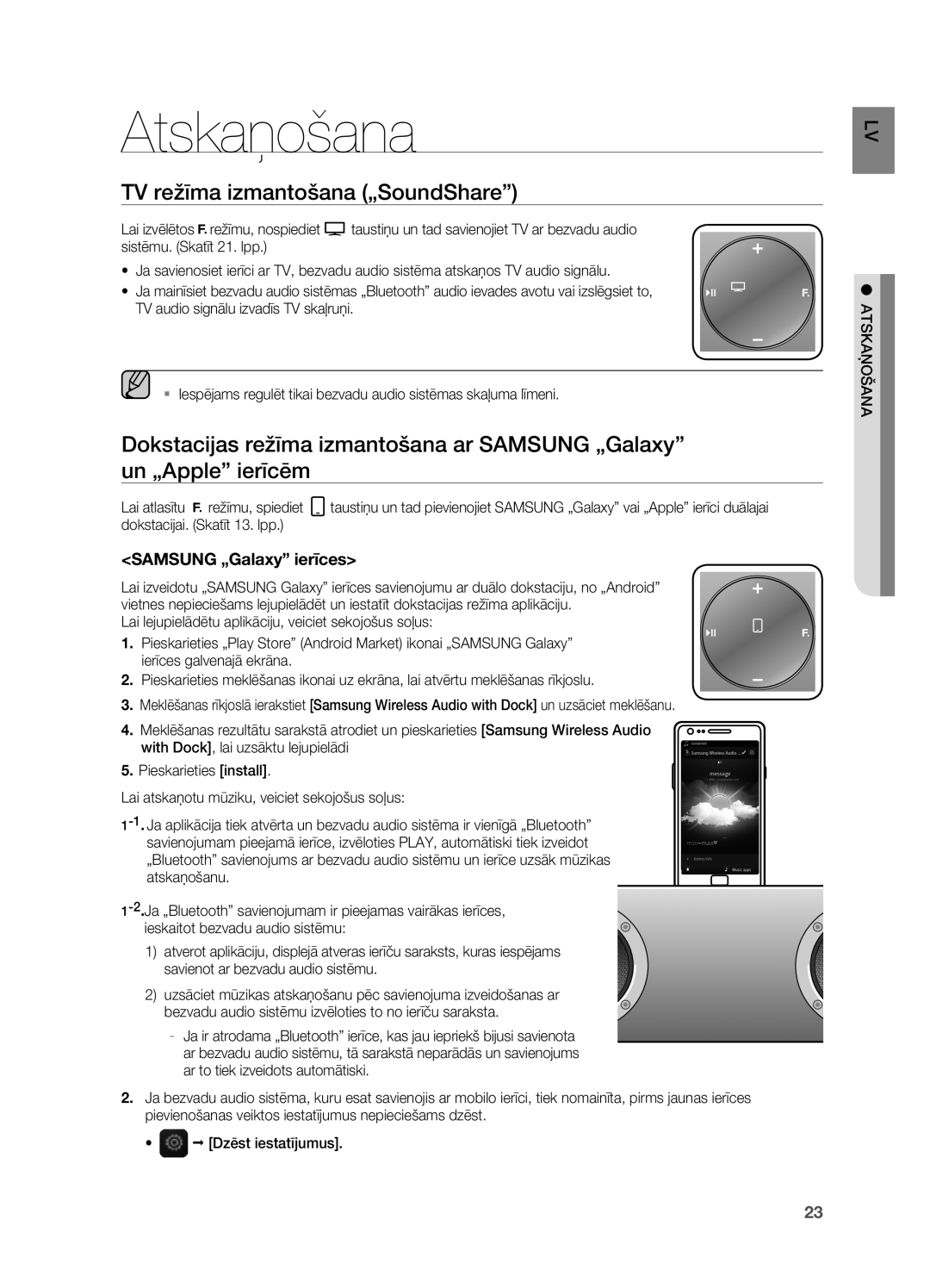 Samsung DA-E750/EN manual Atskaņošana, TV režīma izmantošana „SoundShare, Samsung „Galaxy ierīces 