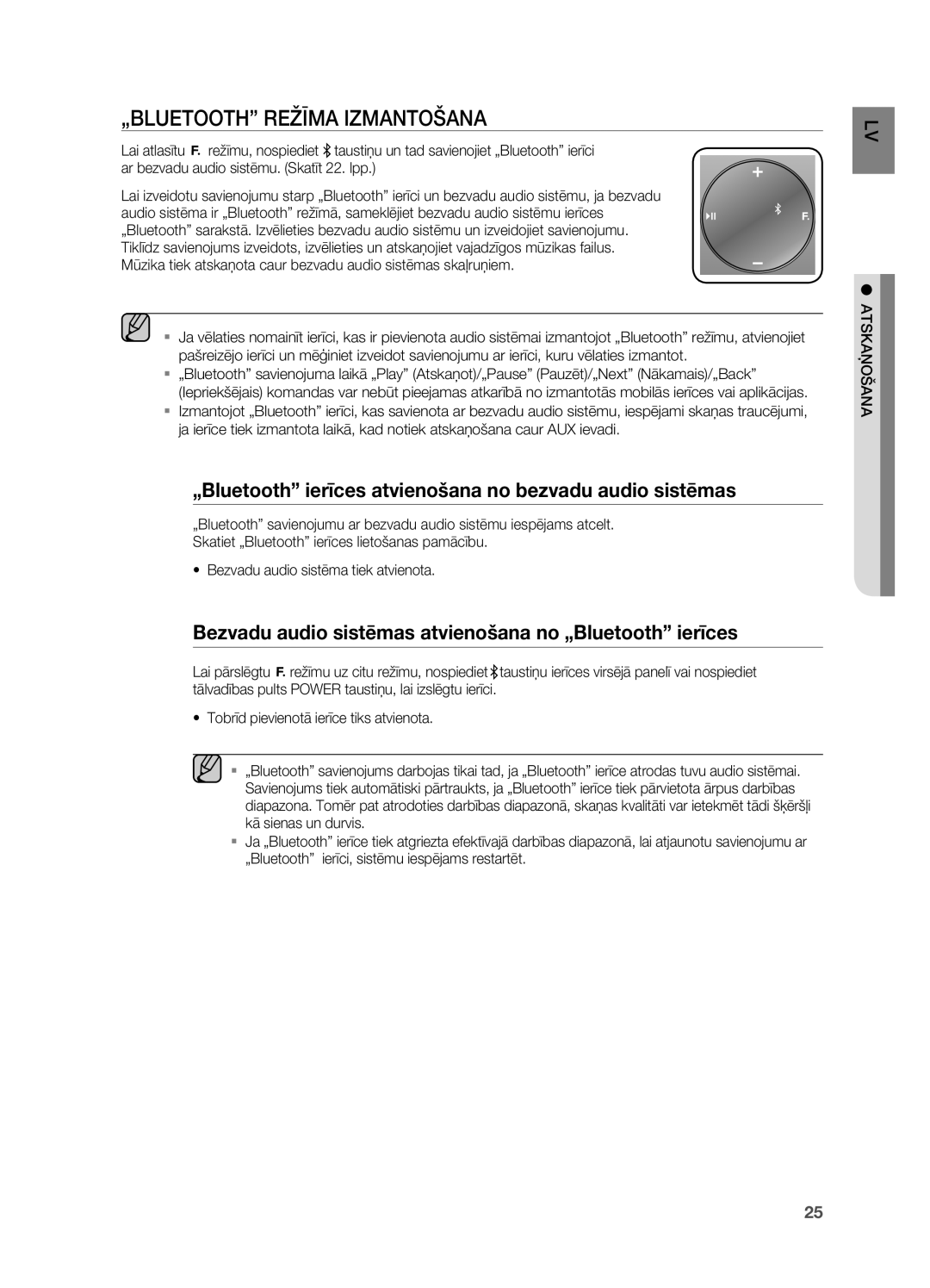 Samsung DA-E750/EN manual „BLUETOOTH Režīma Izmantošana, „Bluetooth ierīces atvienošana no bezvadu audio sistēmas 