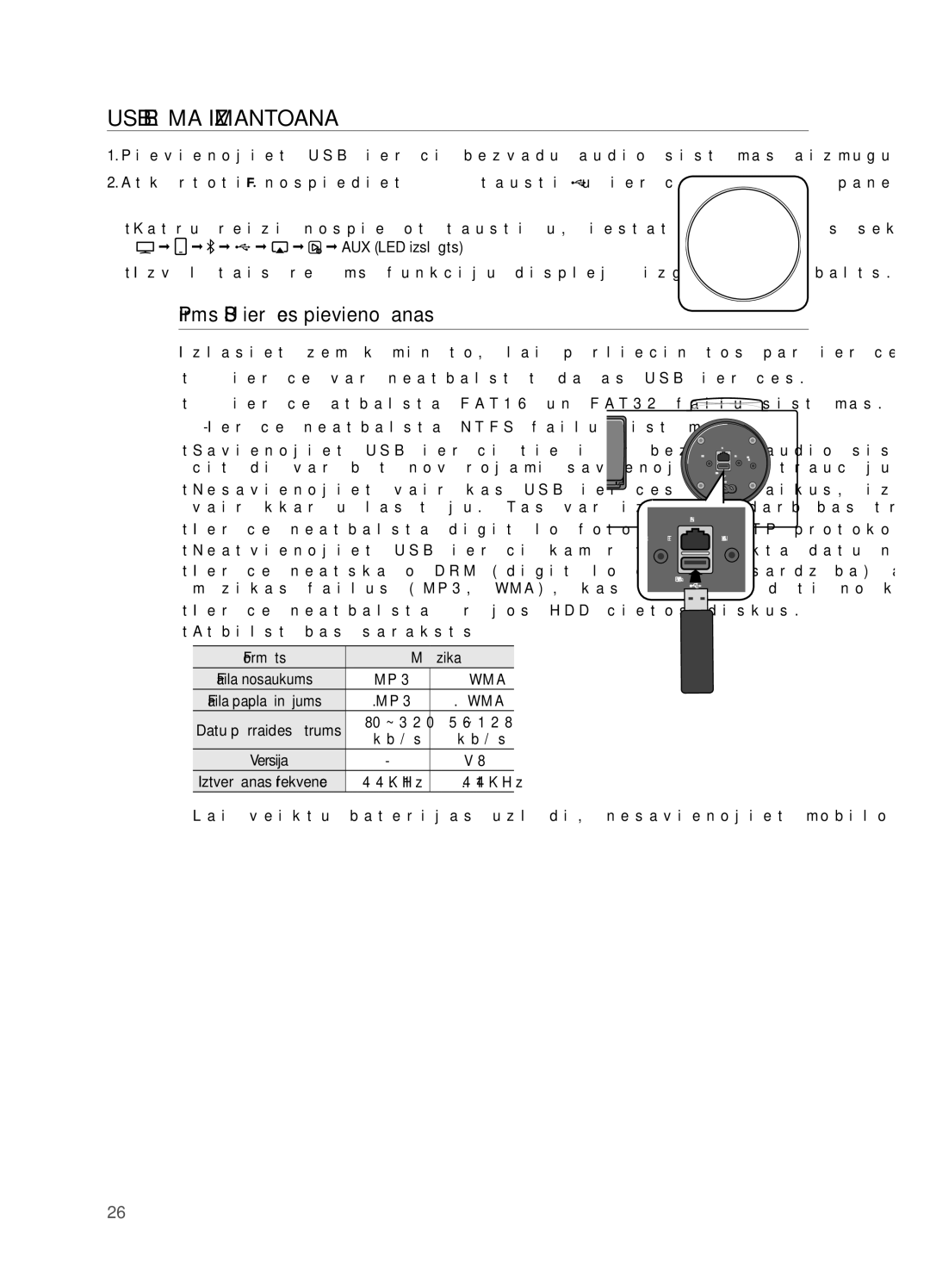 Samsung DA-E750/EN manual USB Režīma Izmantošana, Pirms USB ierīces pievienošanas 