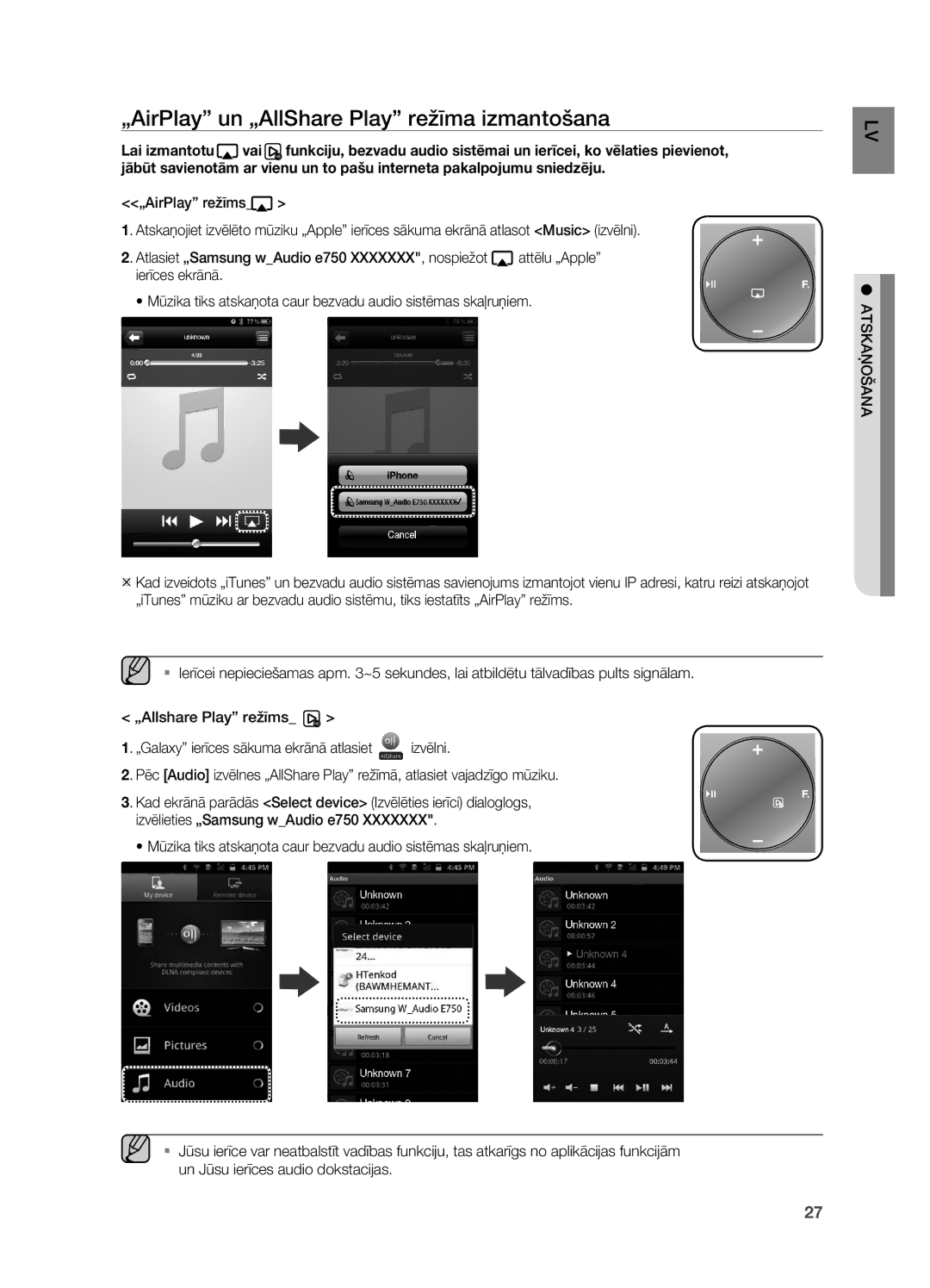 Samsung DA-E750/EN manual „AirPlay un „AllShare Play režīma izmantošana 